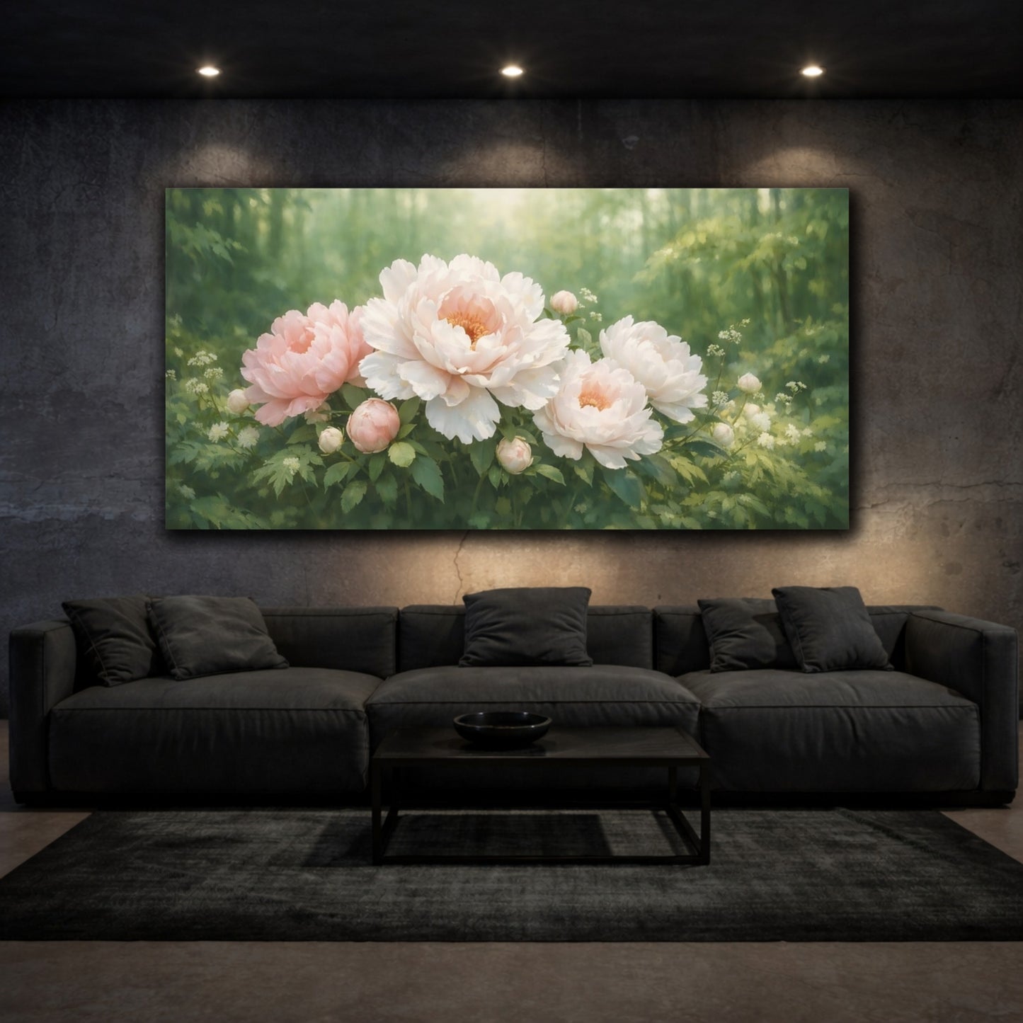Mockup 2. Floral Peony Flowers Pink Peony Garden shown as stretched canvas wall art