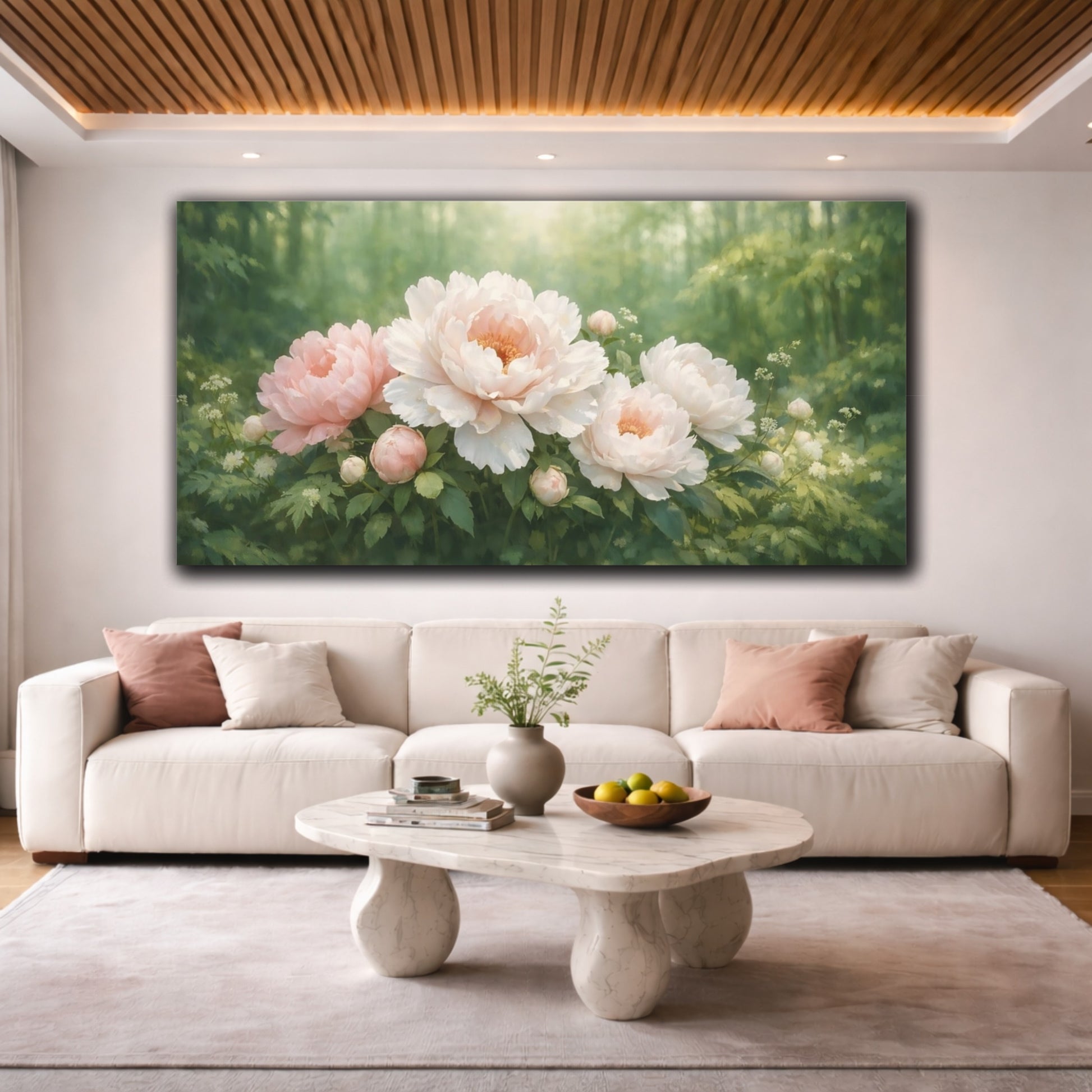 Mockup 3. Floral Peony Flowers Pink Peony Garden shown as stretched canvas wall art