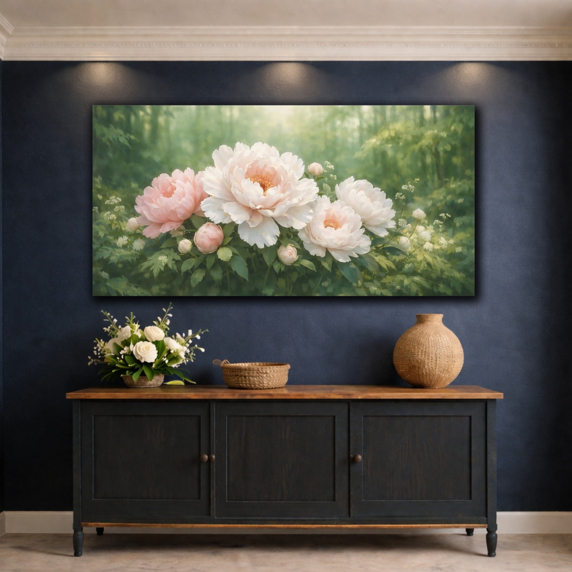 Mockup 4. Floral Peony Flowers Pink Peony Garden shown as stretched canvas wall art