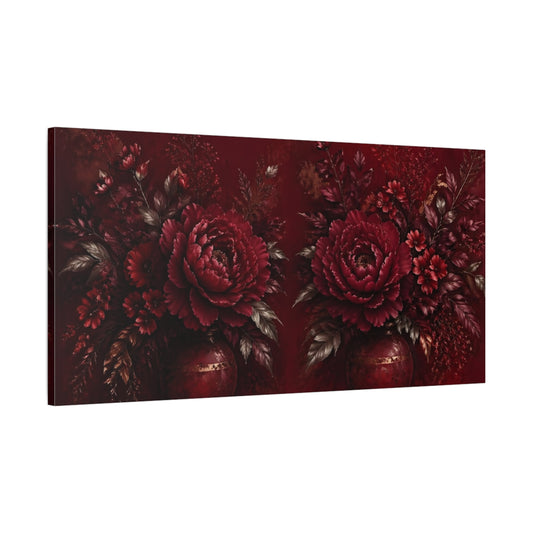 Main Mockup. Floral Peony Flowers Red And Gold shown as stretched canvas wall art