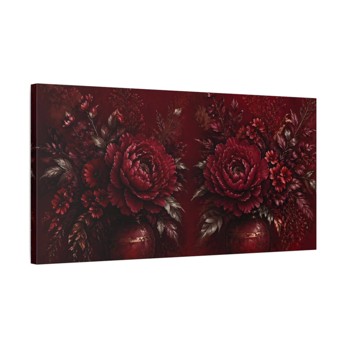 Side Mockup 1. Floral Peony Flowers Red And Gold shown as stretched canvas wall art