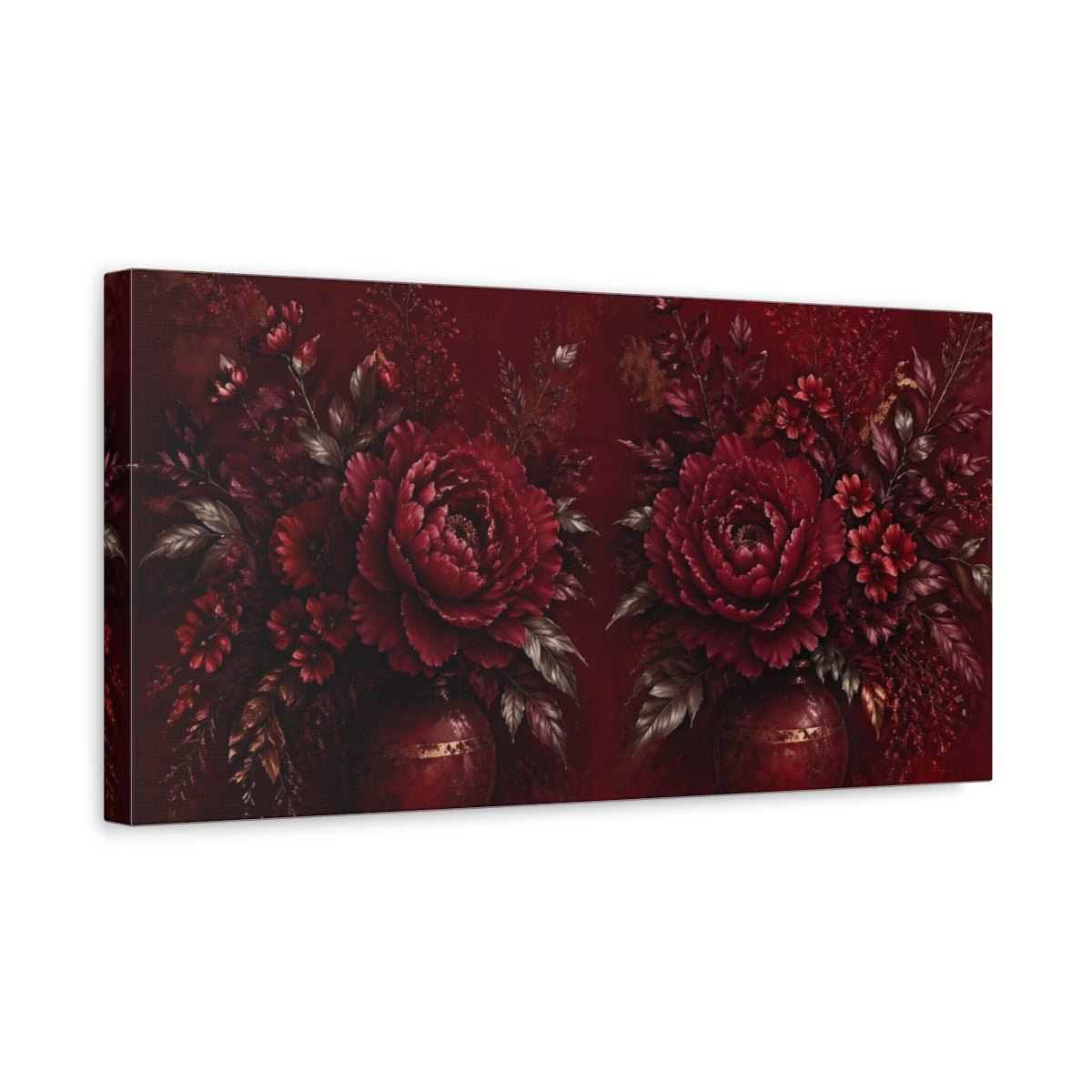 Side Mockup 3. Floral Peony Flowers Red And Gold shown as stretched canvas wall art