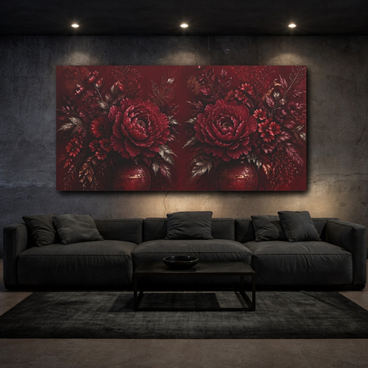 Mockup 2. Floral Peony Flowers Red And Gold shown as stretched canvas wall art