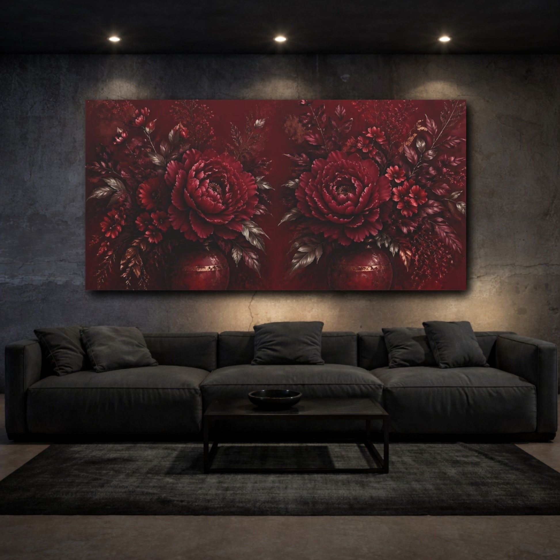 Mockup 2. Floral Peony Flowers Red And Gold shown as stretched canvas wall art