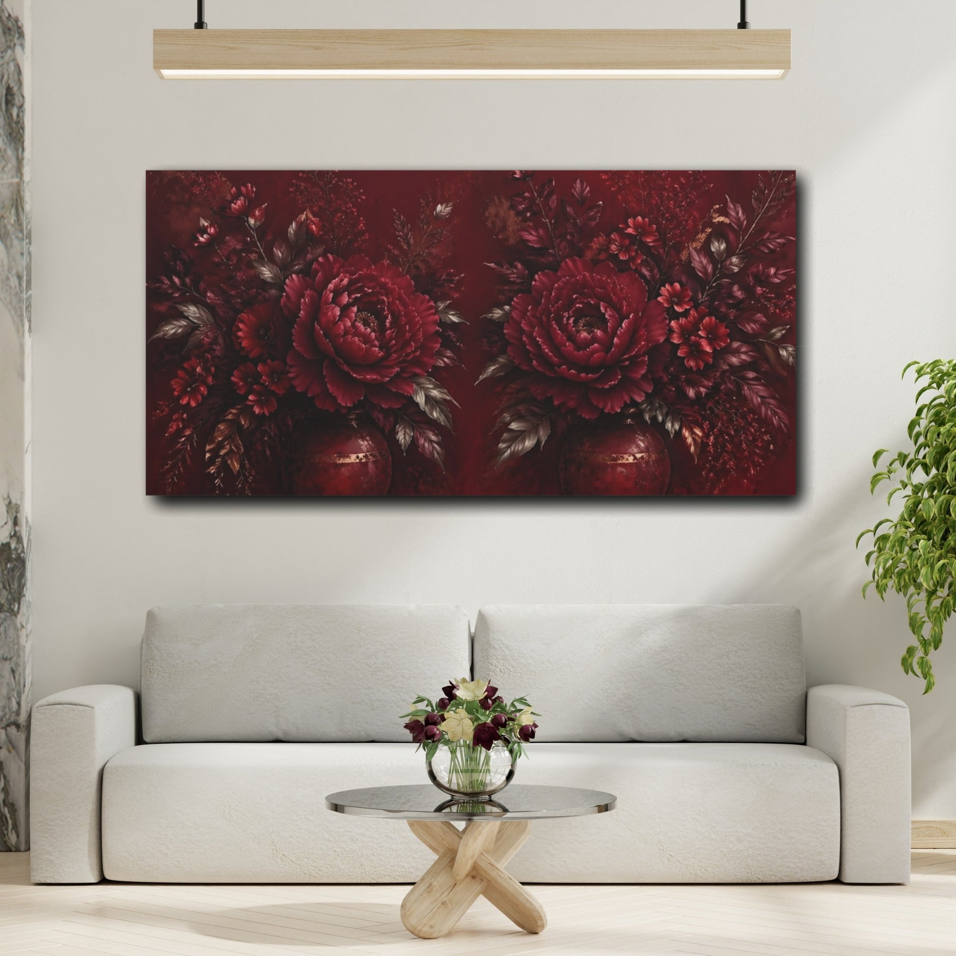 Mockup 3. Floral Peony Flowers Red And Gold shown as stretched canvas wall art