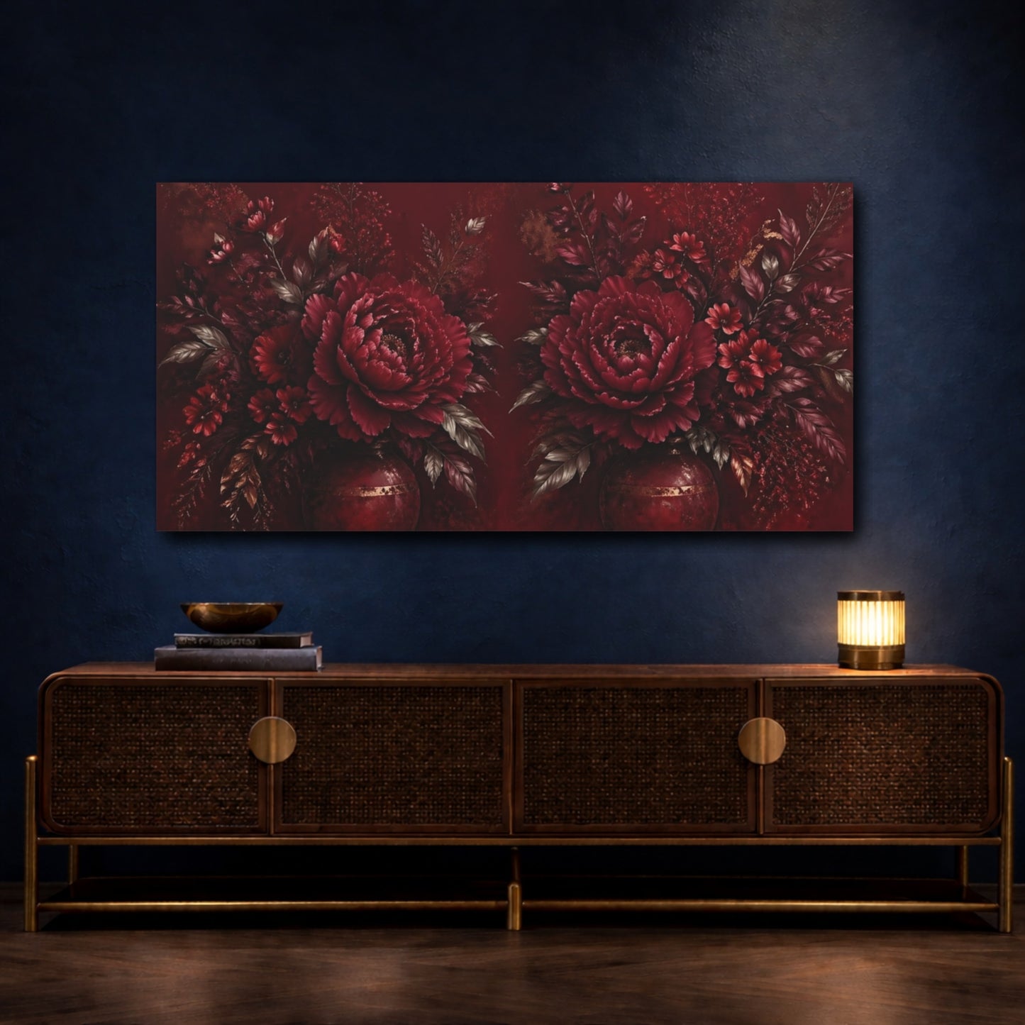 Mockup 4. Floral Peony Flowers Red And Gold shown as stretched canvas wall art