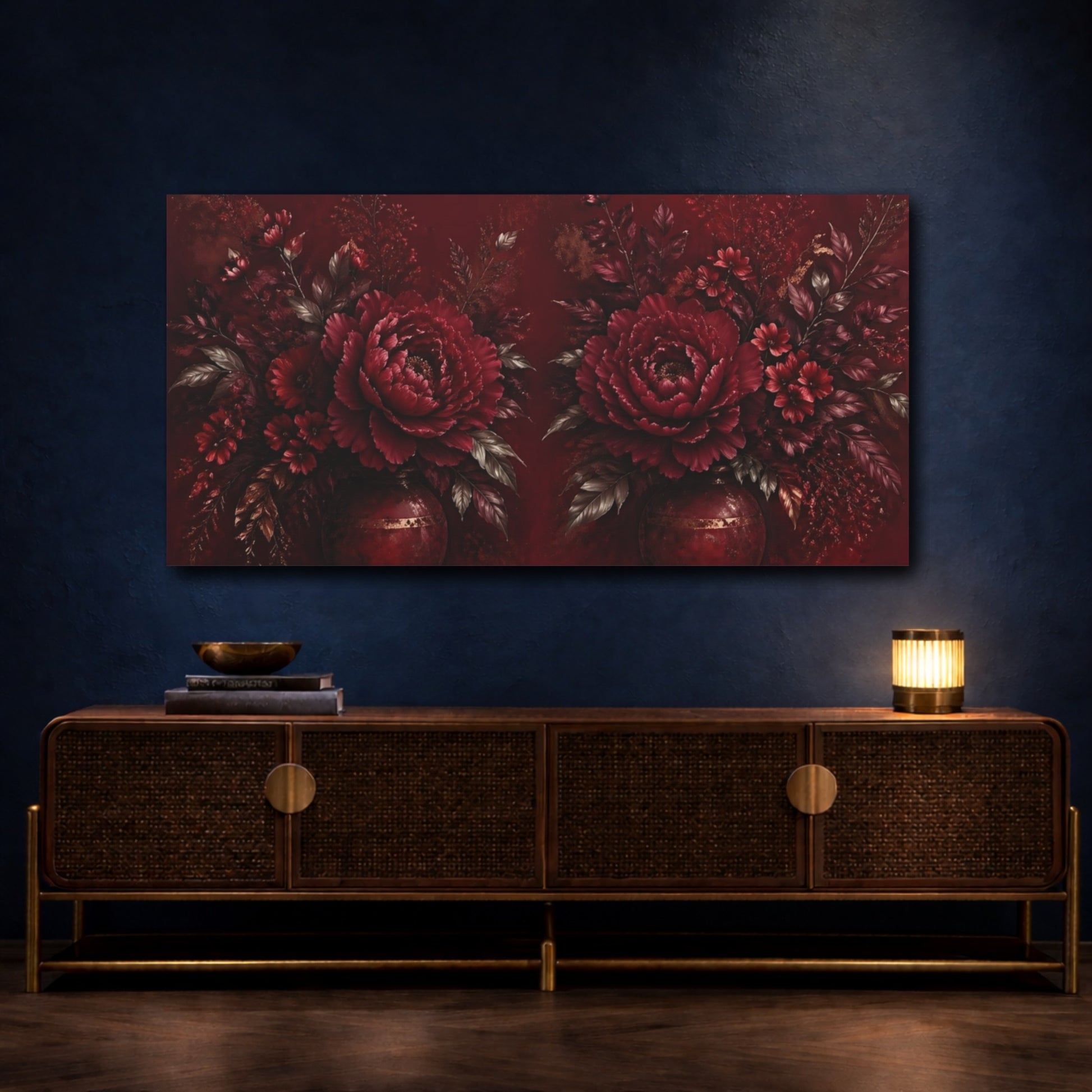 Mockup 4. Floral Peony Flowers Red And Gold shown as stretched canvas wall art