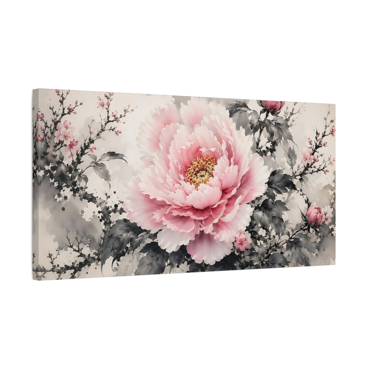 Side Mockup 1. Floral Peony Pink And Grey shown as stretched canvas wall art