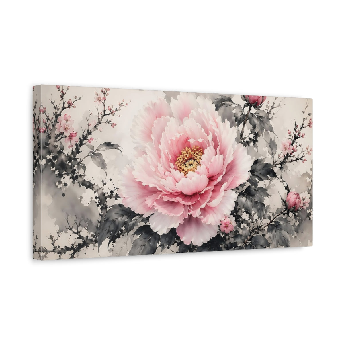 Side Mockup 3. Floral Peony Pink And Grey shown as stretched canvas wall art