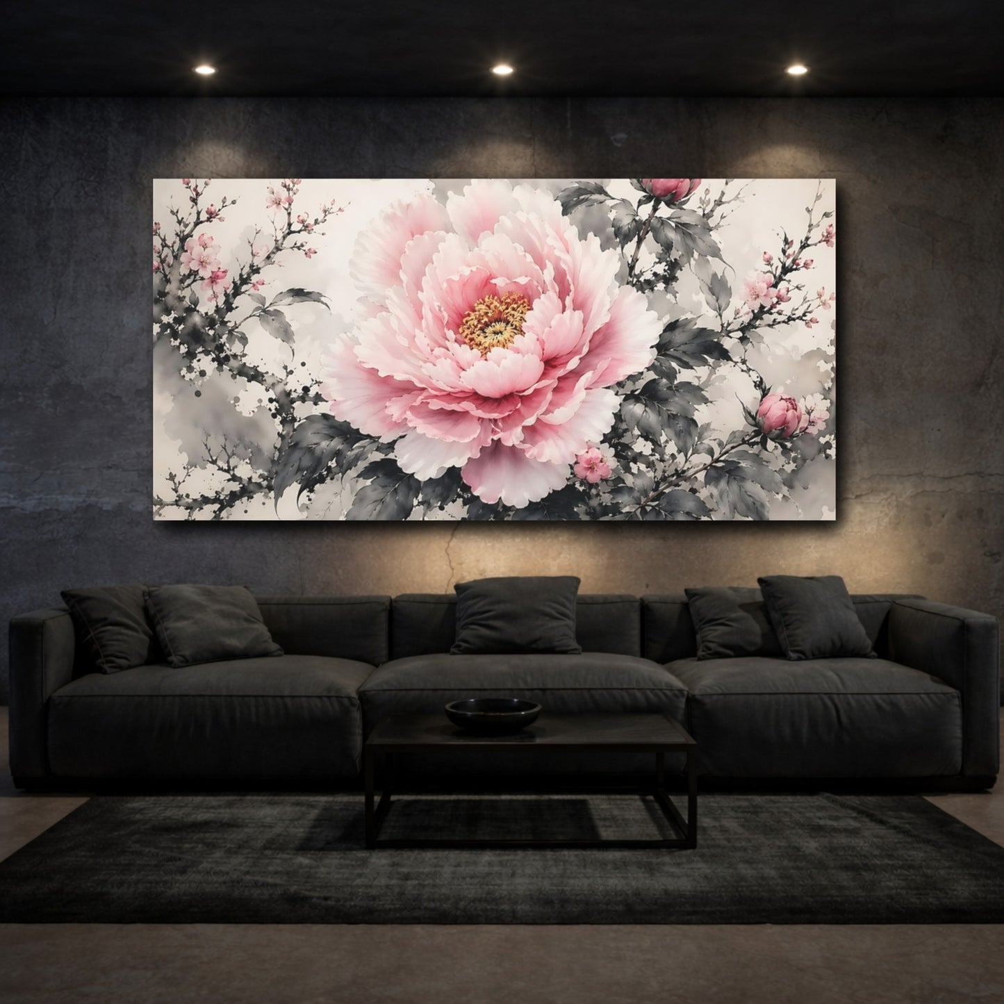 Mockup 2. Floral Peony Pink And Grey shown as stretched canvas wall art