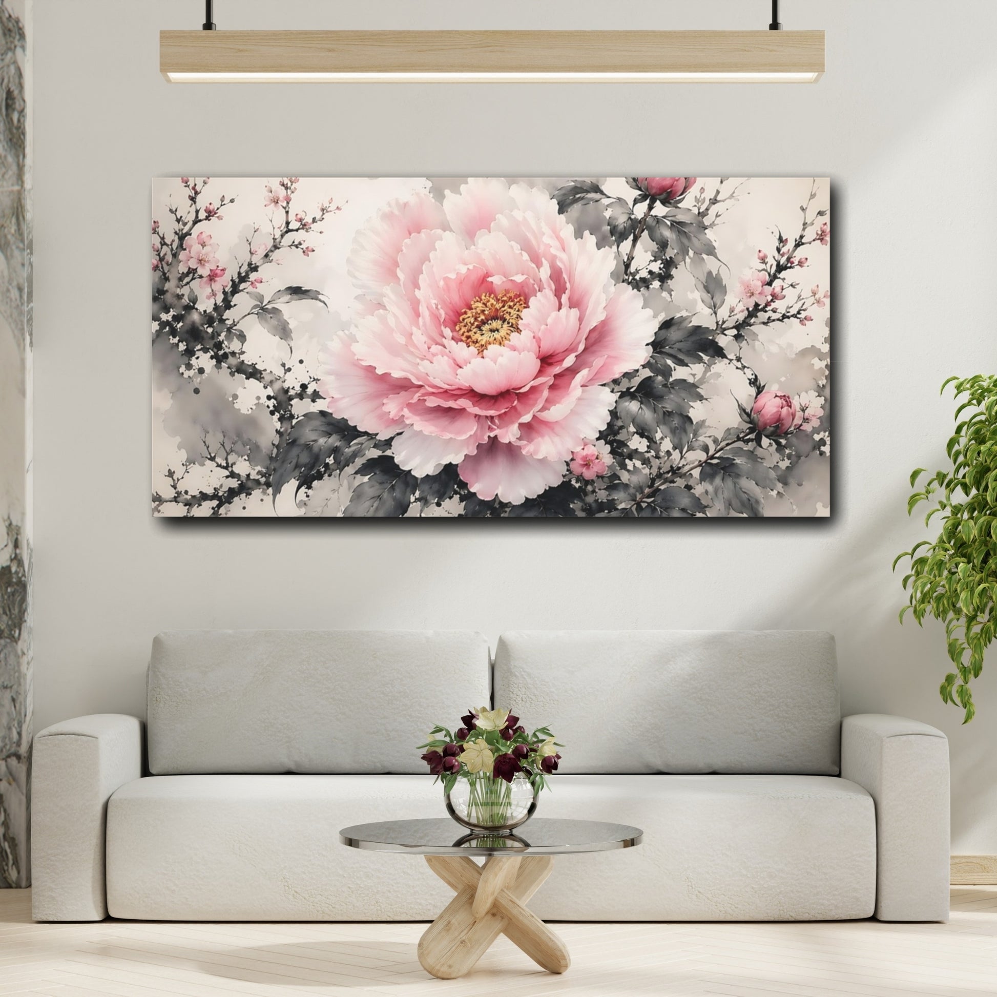 Mockup 3. Floral Peony Pink And Grey shown as stretched canvas wall art