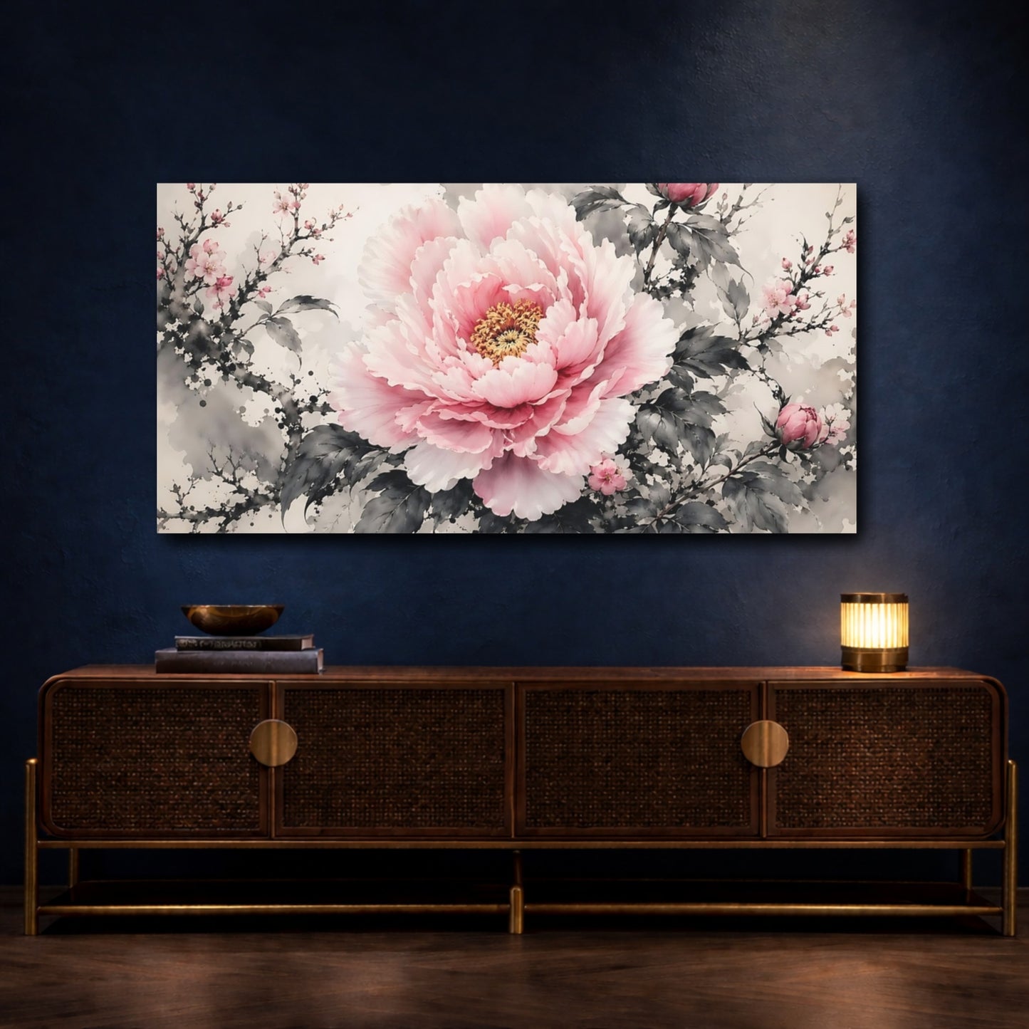 Mockup 4. Floral Peony Pink And Grey shown as stretched canvas wall art
