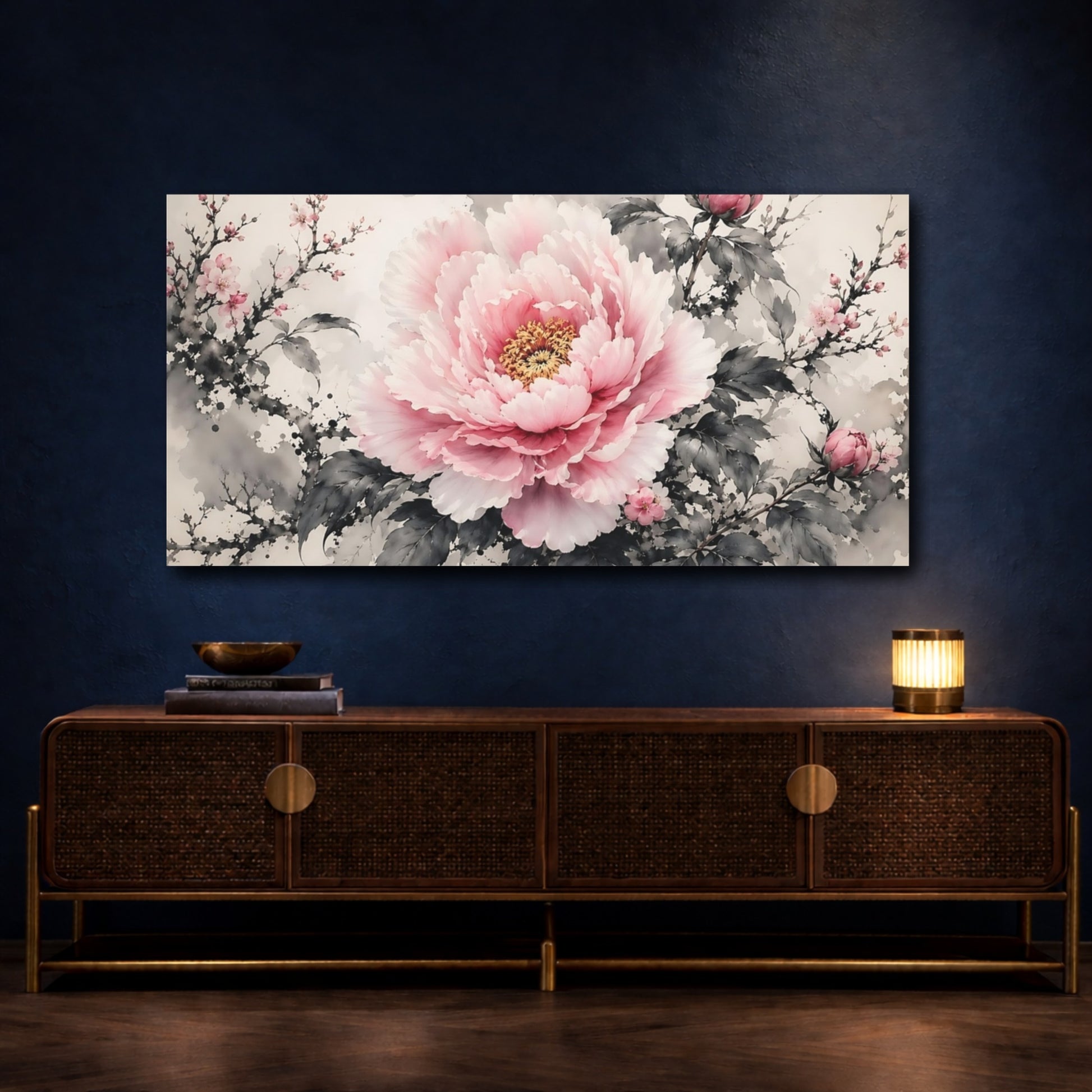 Mockup 4. Floral Peony Pink And Grey shown as stretched canvas wall art