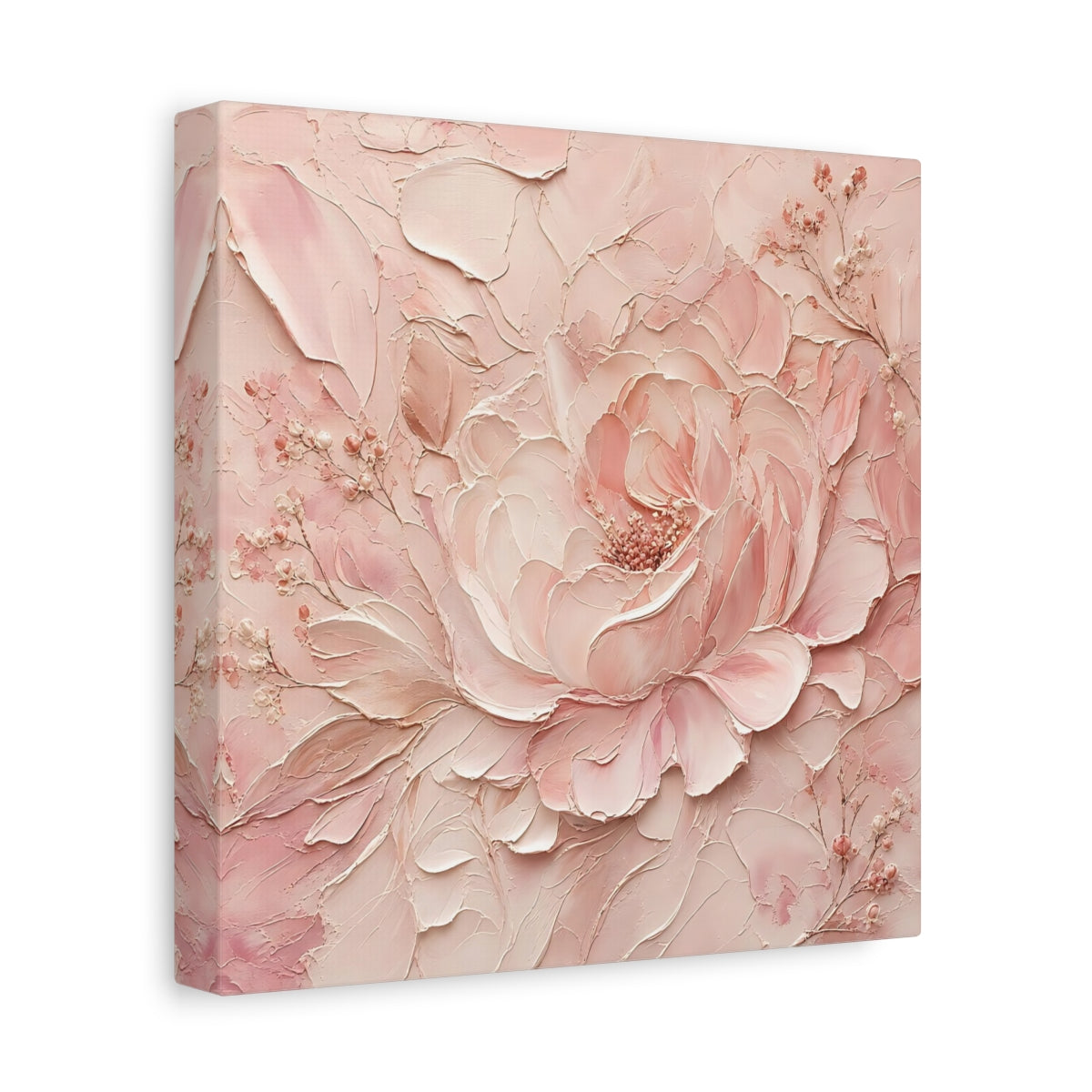 Side Mockup 9. Floral Peony Pink Peony shown as stretched canvas wall art