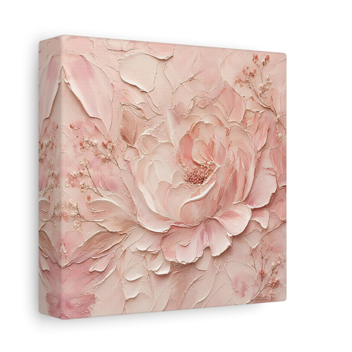 Side Mockup 2. Floral Peony Pink Peony shown as stretched canvas wall art