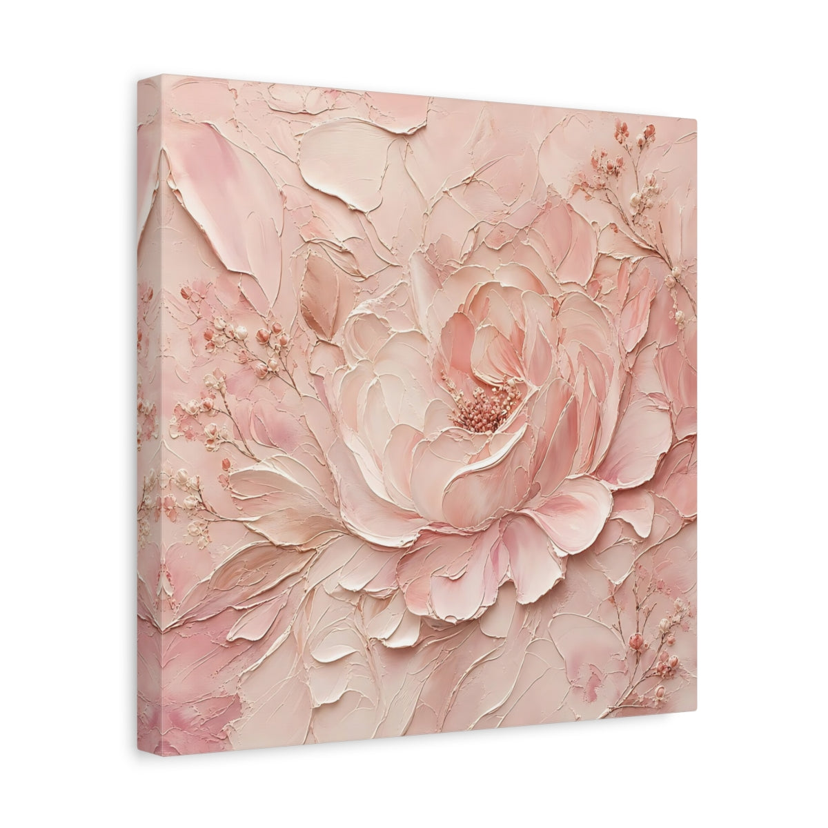 Side Mockup 7. Floral Peony Pink Peony shown as stretched canvas wall art