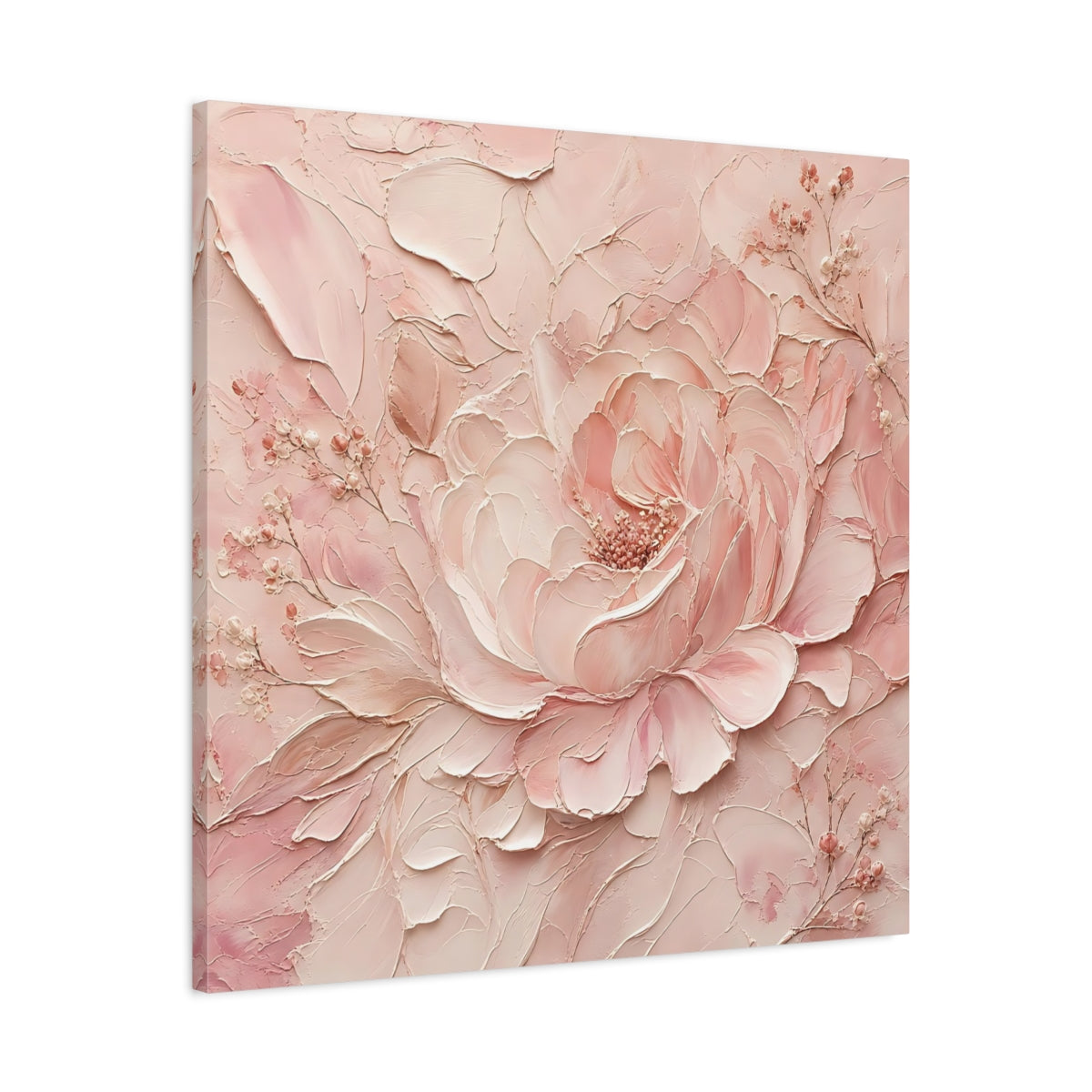 Side Mockup 3. Floral Peony Pink Peony shown as stretched canvas wall art