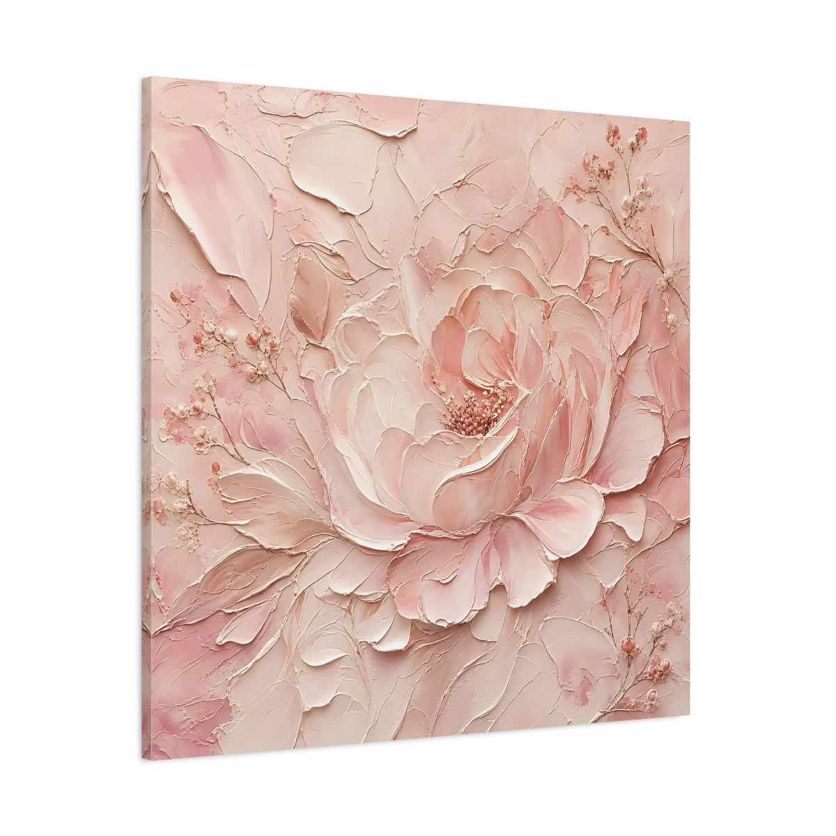 Side Mockup 1. Floral Peony Pink Peony shown as stretched canvas wall art