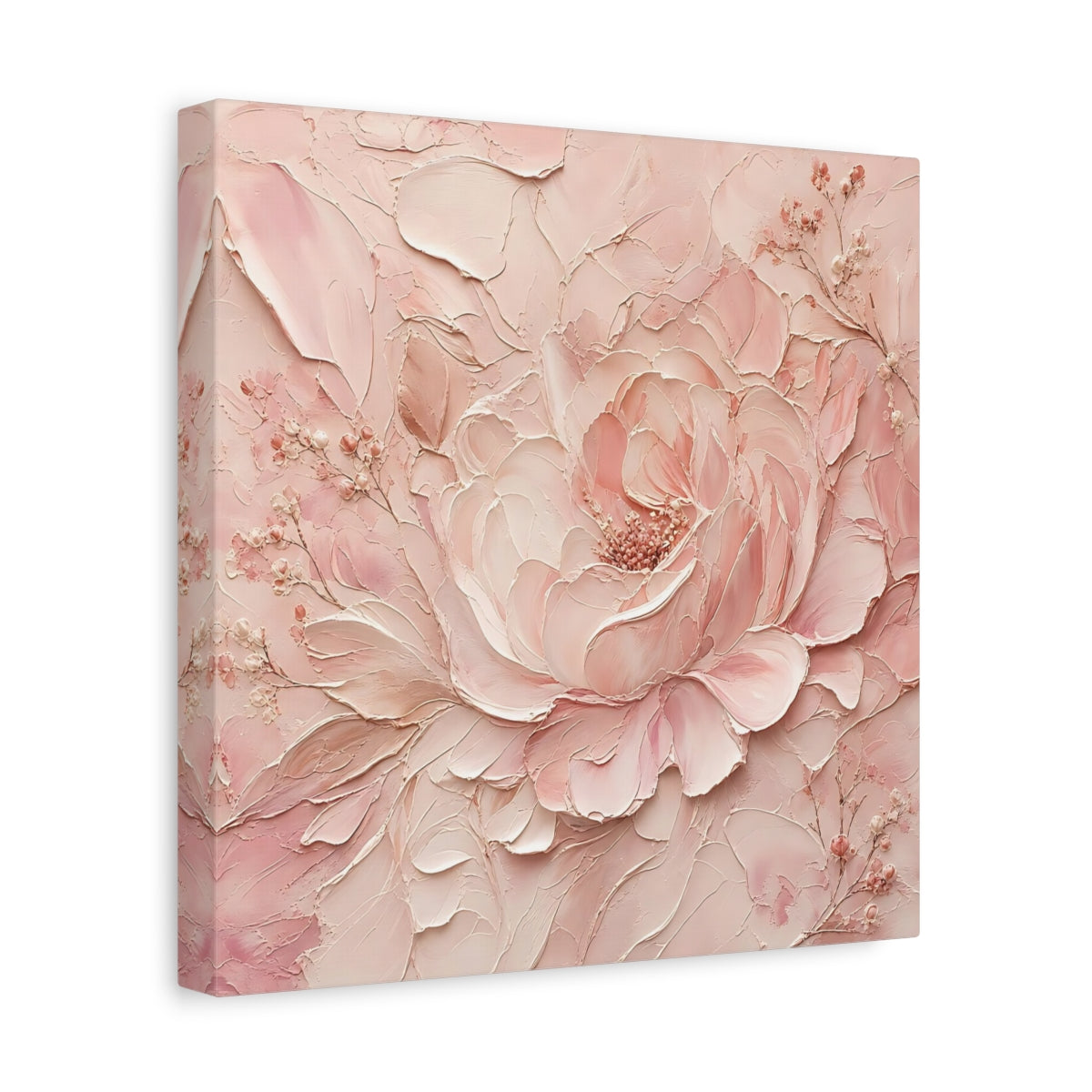 Side Mockup 8. Floral Peony Pink Peony shown as stretched canvas wall art