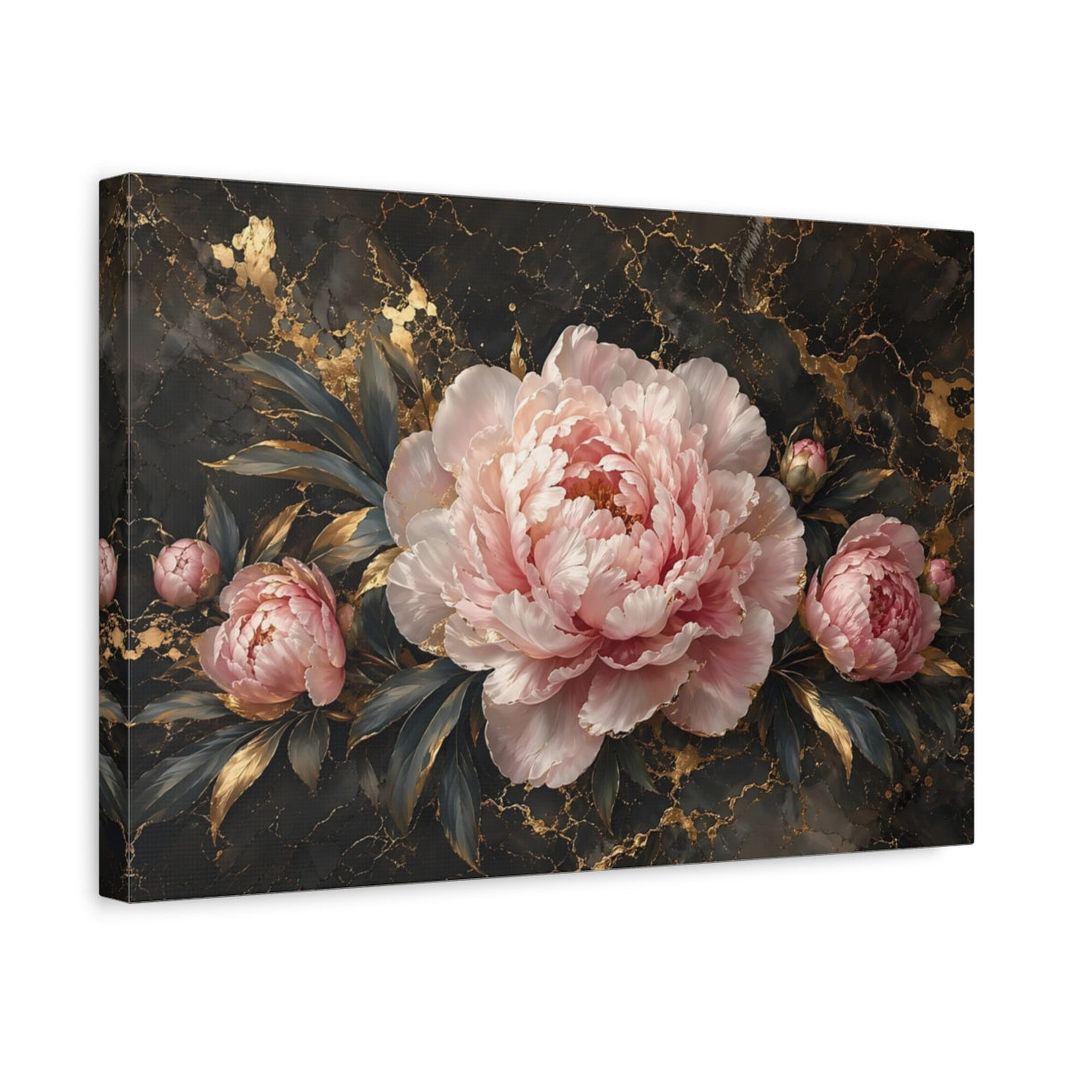 Side Mockup 4. Floral Peony Pink Peony Gold shown as stretched canvas wall art