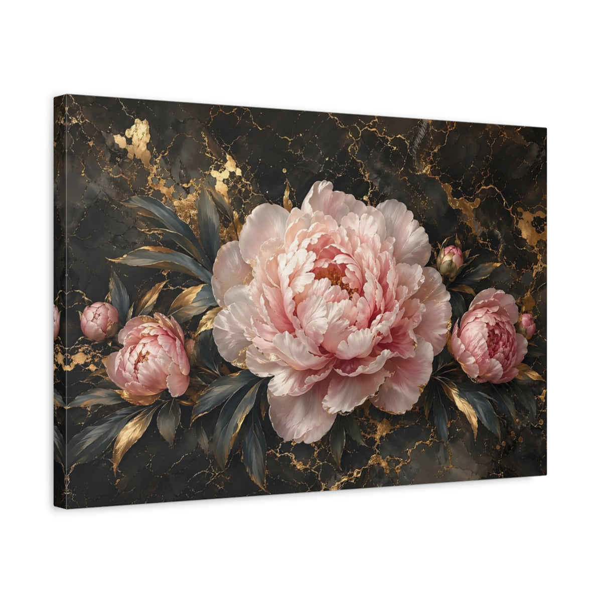 Side Mockup 3. Floral Peony Pink Peony Gold shown as stretched canvas wall art
