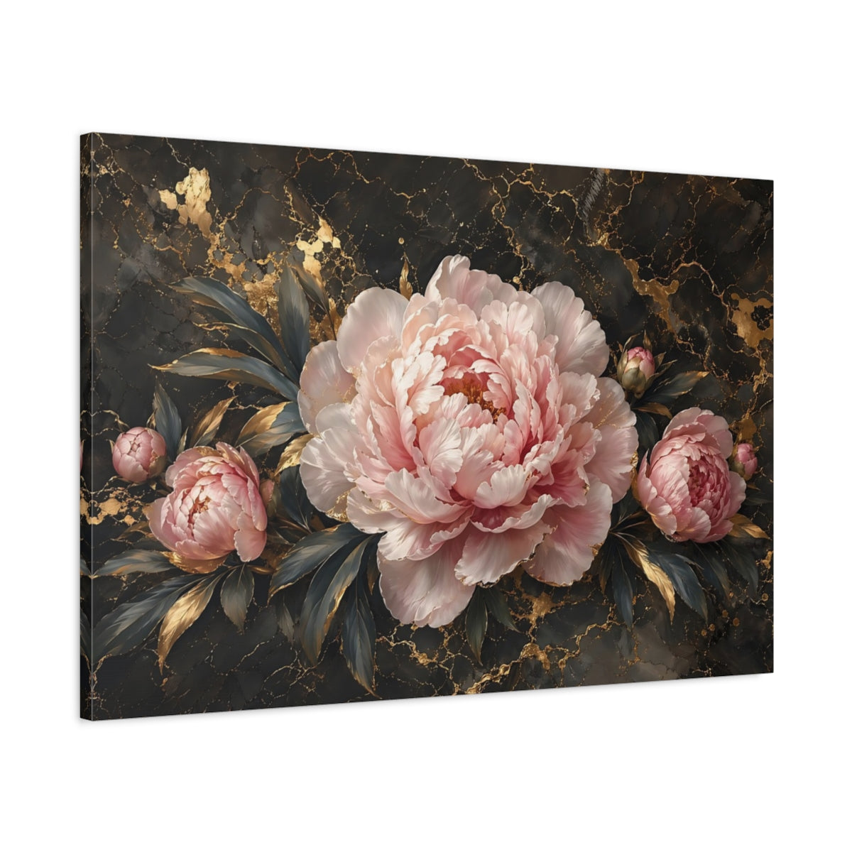 Main Mockup. Floral Peony Pink Peony Gold shown as stretched canvas wall art