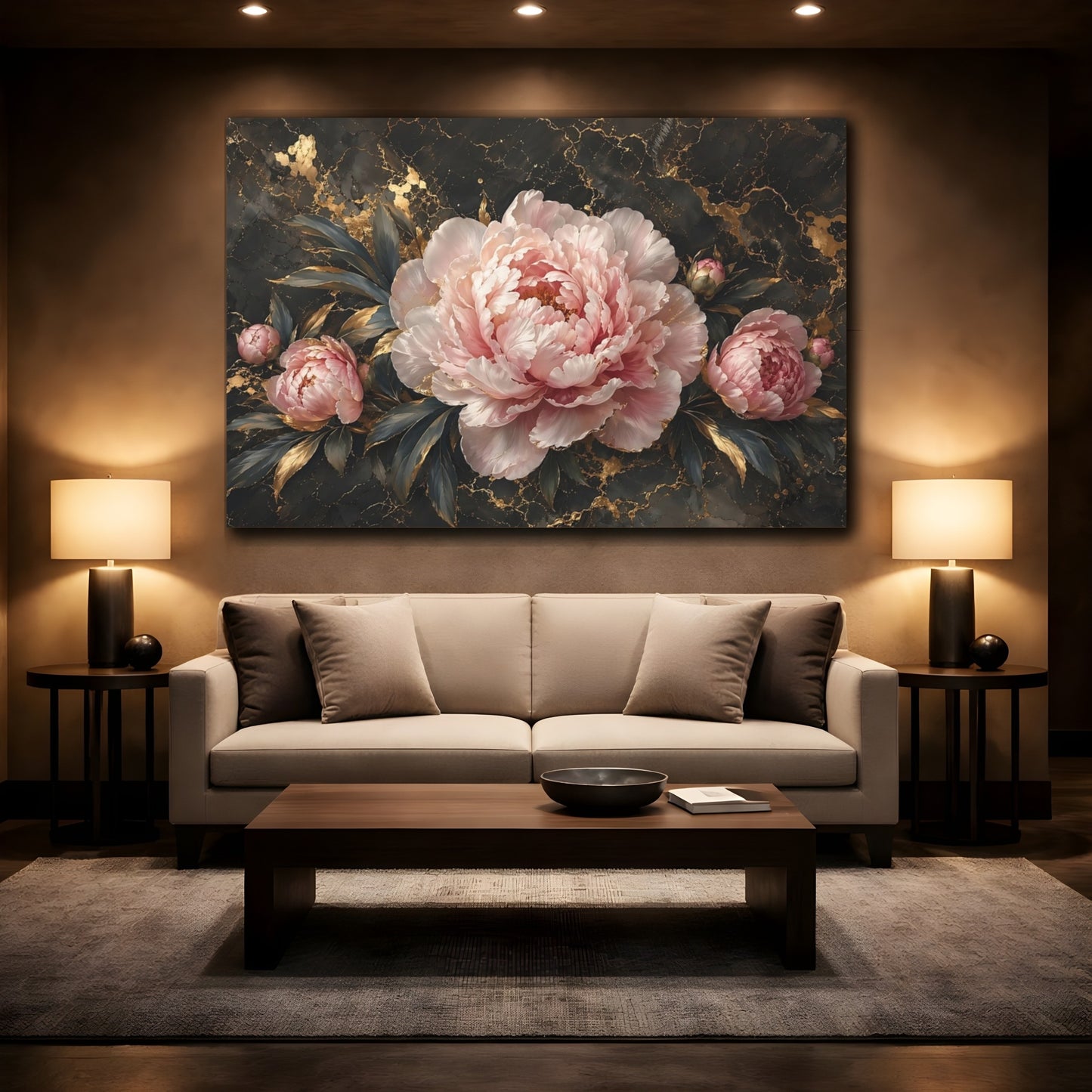 Mockup 2. Floral Peony Pink Peony Gold shown as stretched canvas wall art