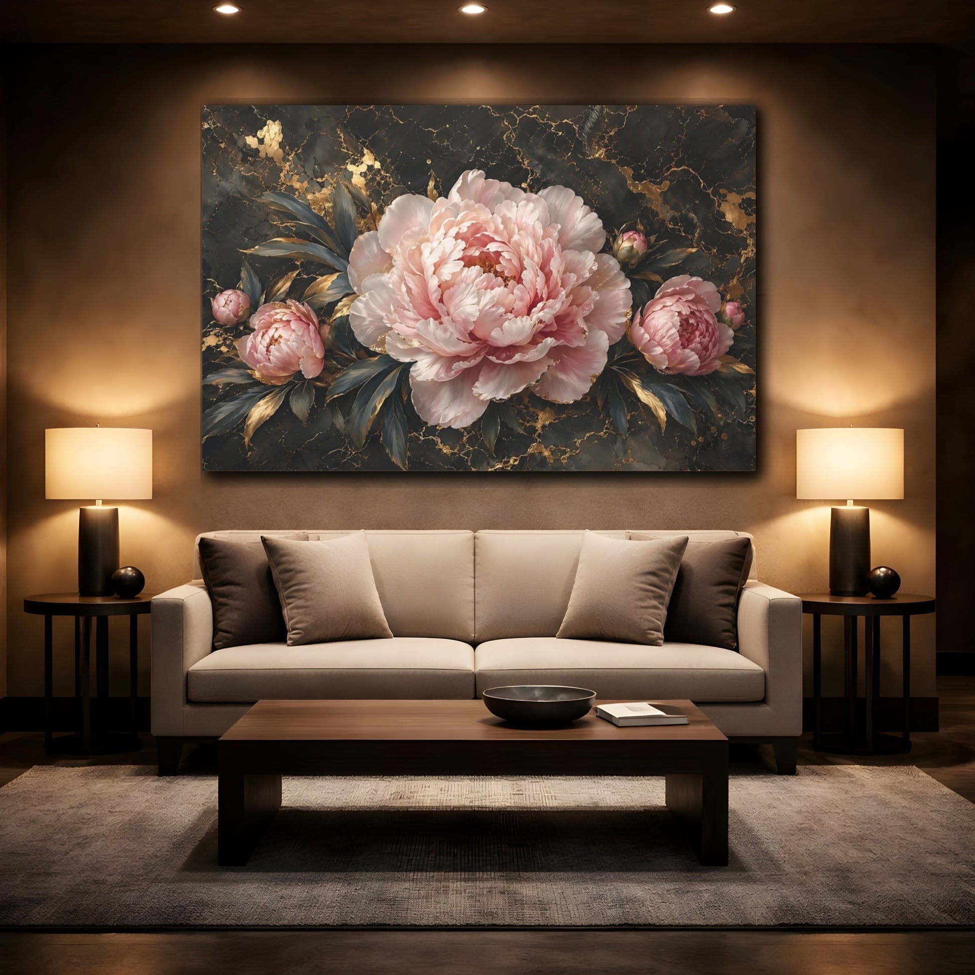 Mockup 2. Floral Peony Pink Peony Gold shown as stretched canvas wall art