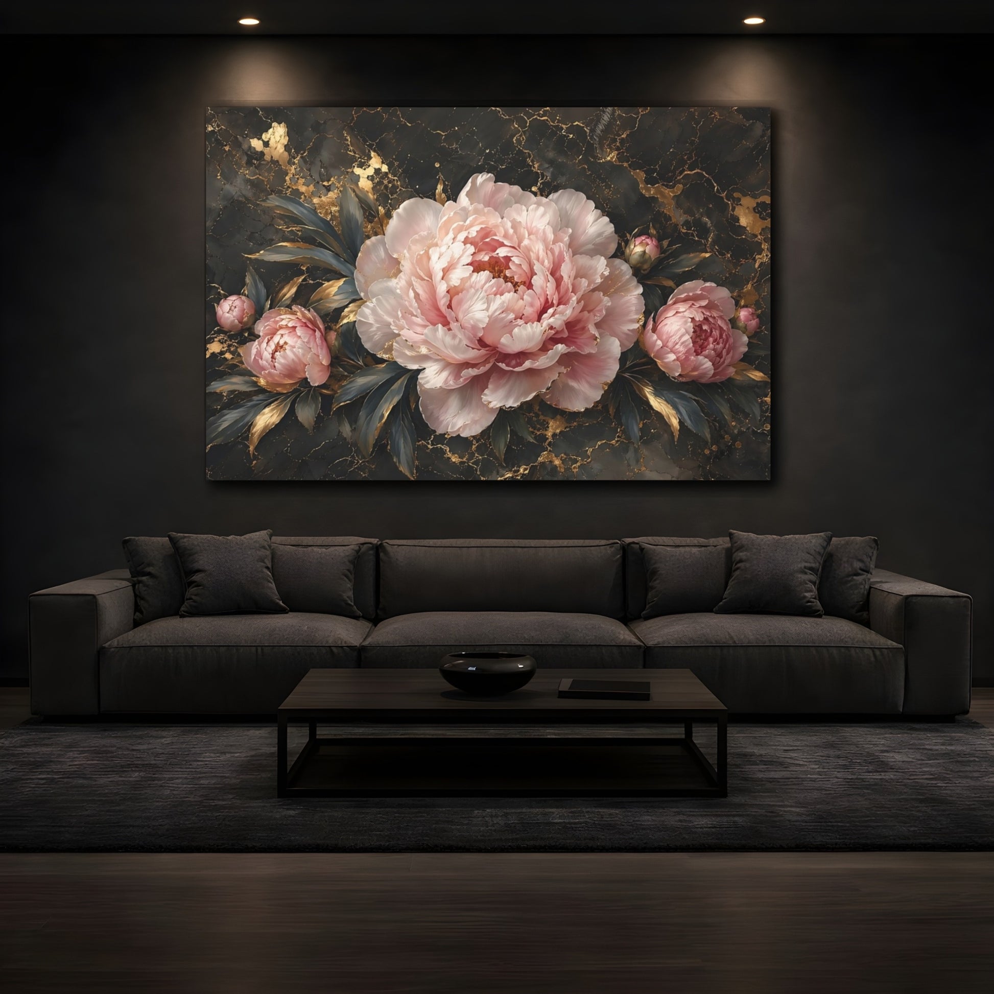 Mockup 3. Floral Peony Pink Peony Gold shown as stretched canvas wall art