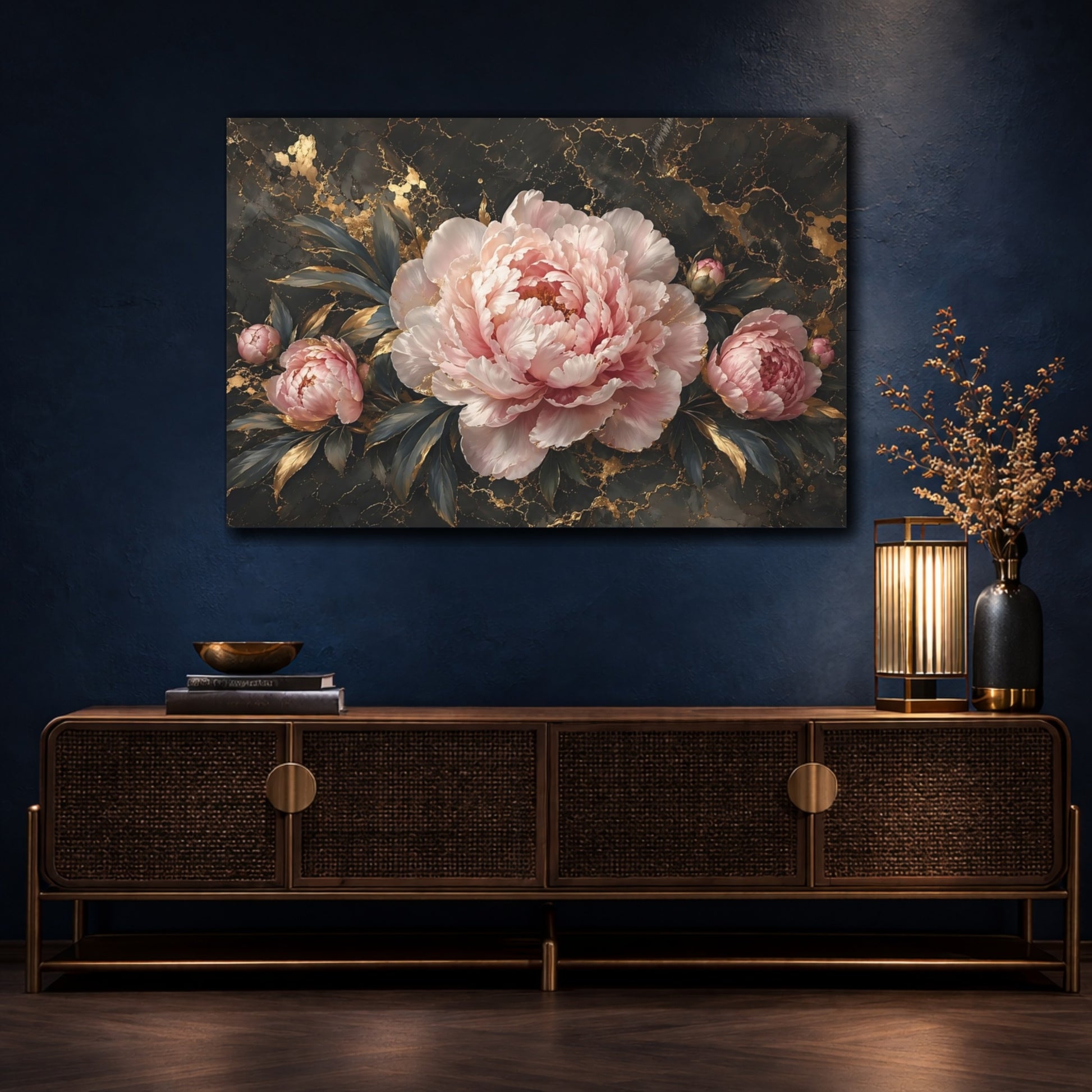 Mockup 4. Floral Peony Pink Peony Gold shown as stretched canvas wall art