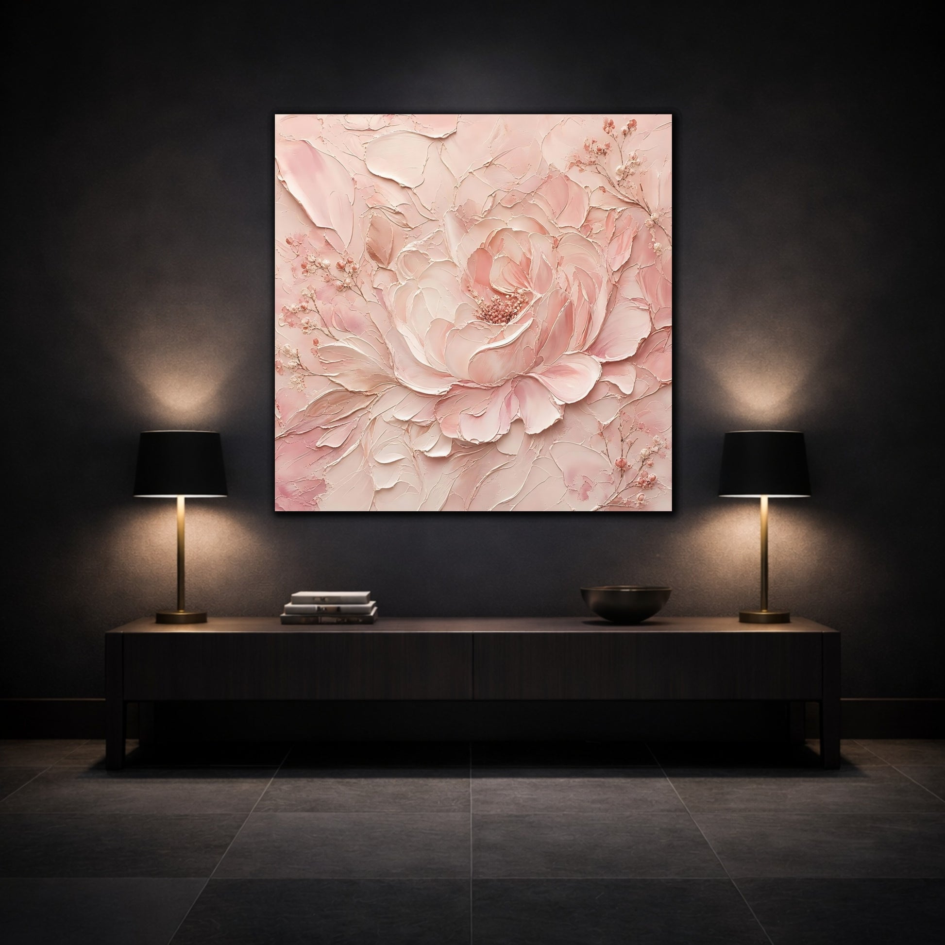 Mockup 3. Floral Peony Pink Peony shown as stretched canvas wall art