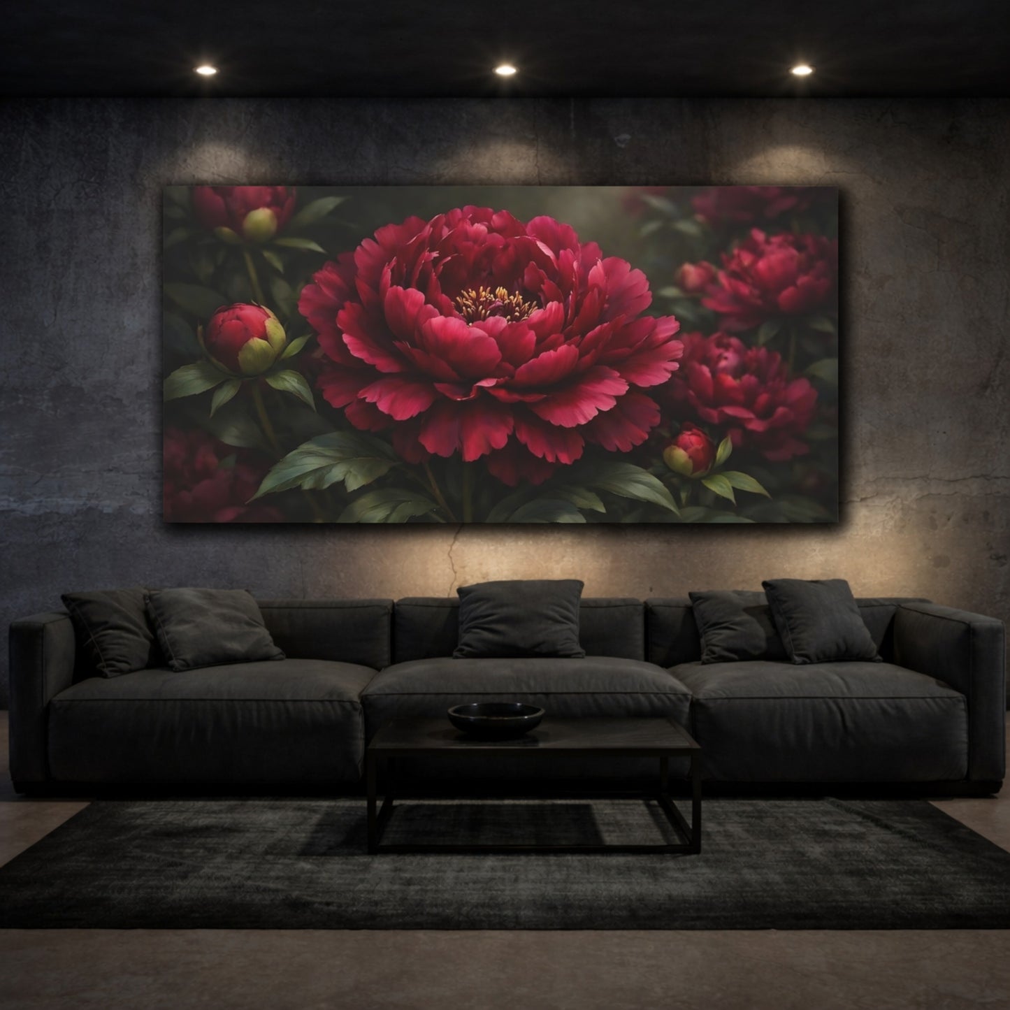 Mockup 2. Floral Peony Red Peony shown as stretched canvas wall art