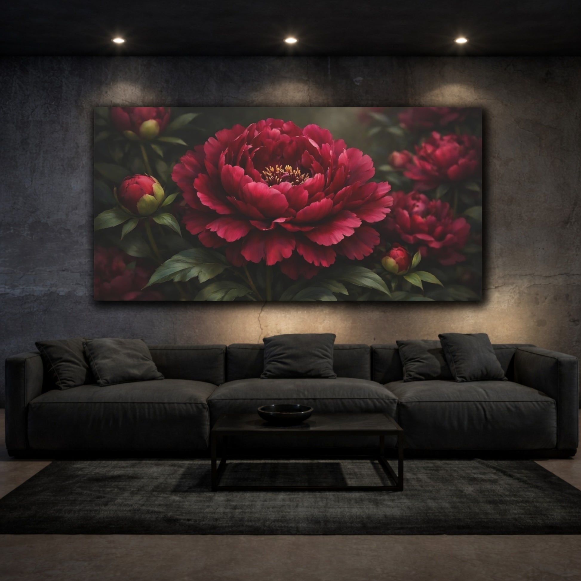 Mockup 2. Floral Peony Red Peony shown as stretched canvas wall art