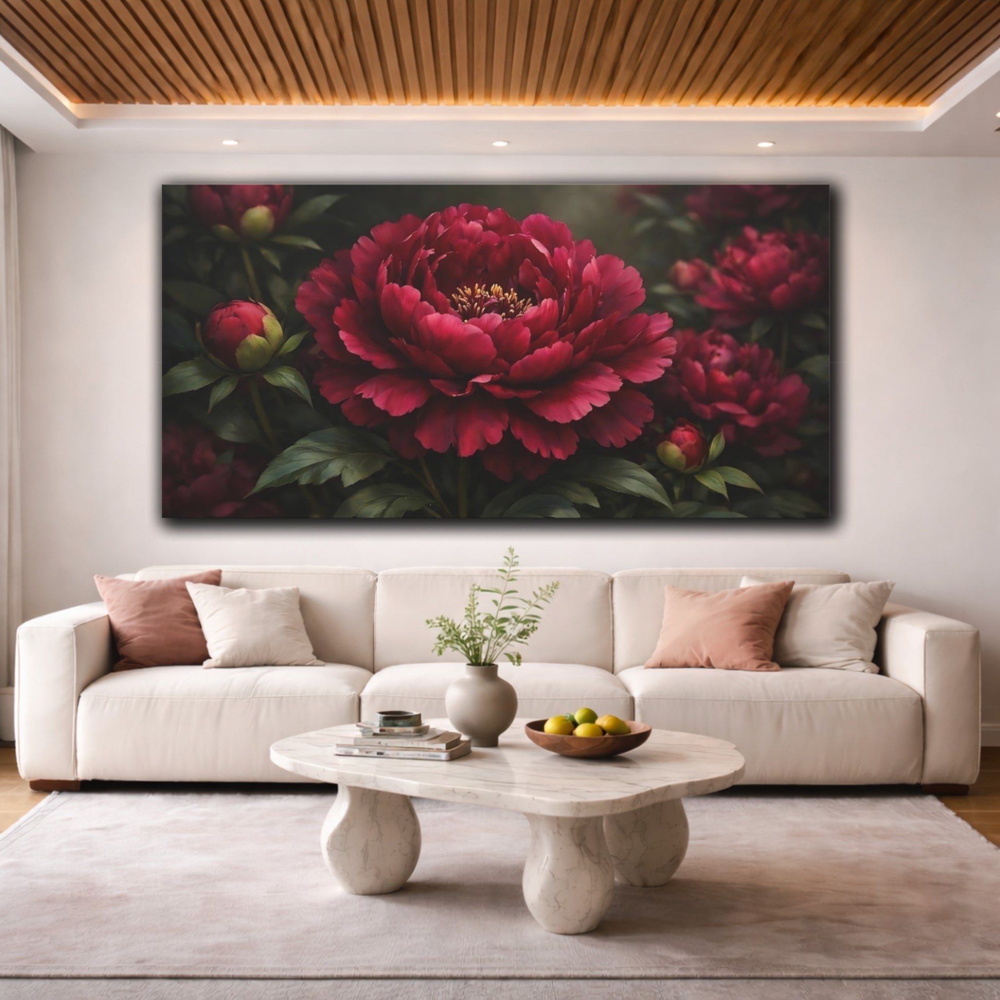 Mockup 3. Floral Peony Red Peony shown as stretched canvas wall art