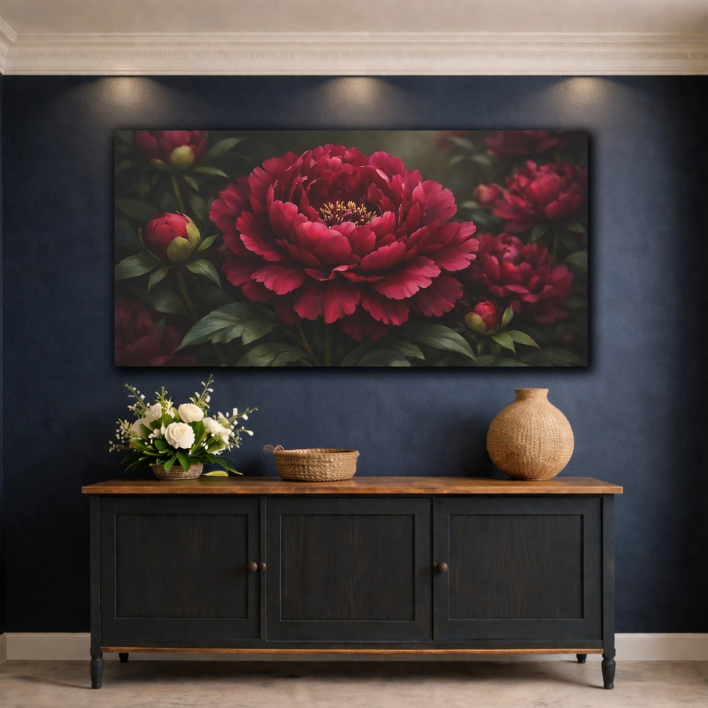 Mockup 4. Floral Peony Red Peony shown as stretched canvas wall art