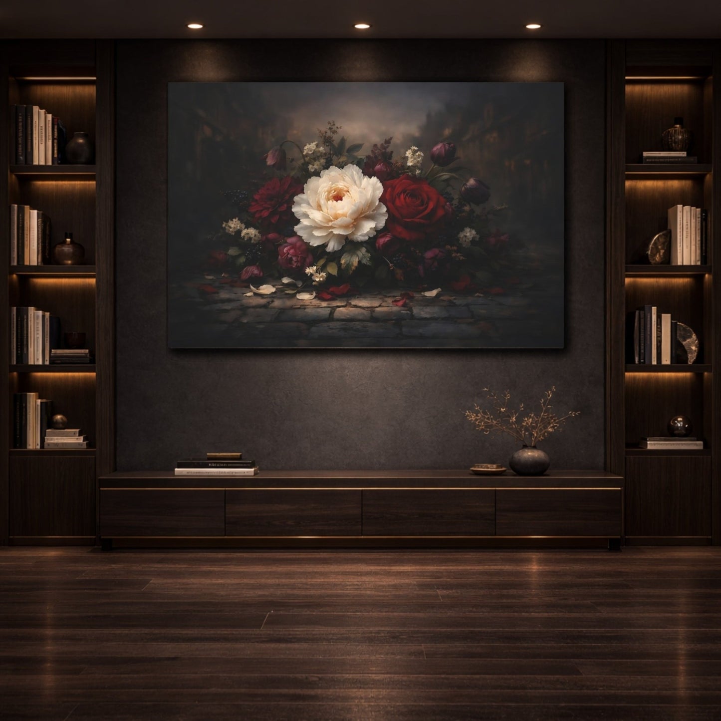 Floral Peony Rose Dark - Canvas Wall Art Print - YesArtYes