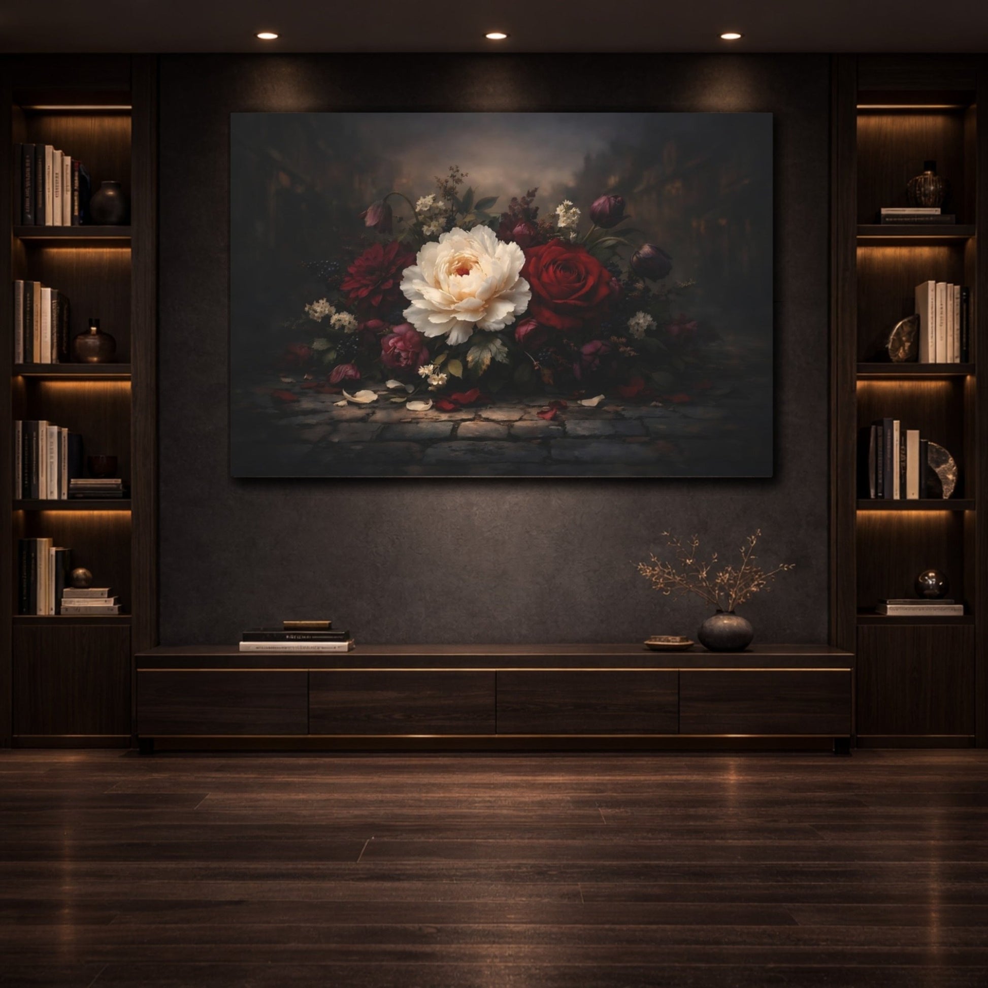 Floral Peony Rose Dark - Canvas Wall Art Print - YesArtYes