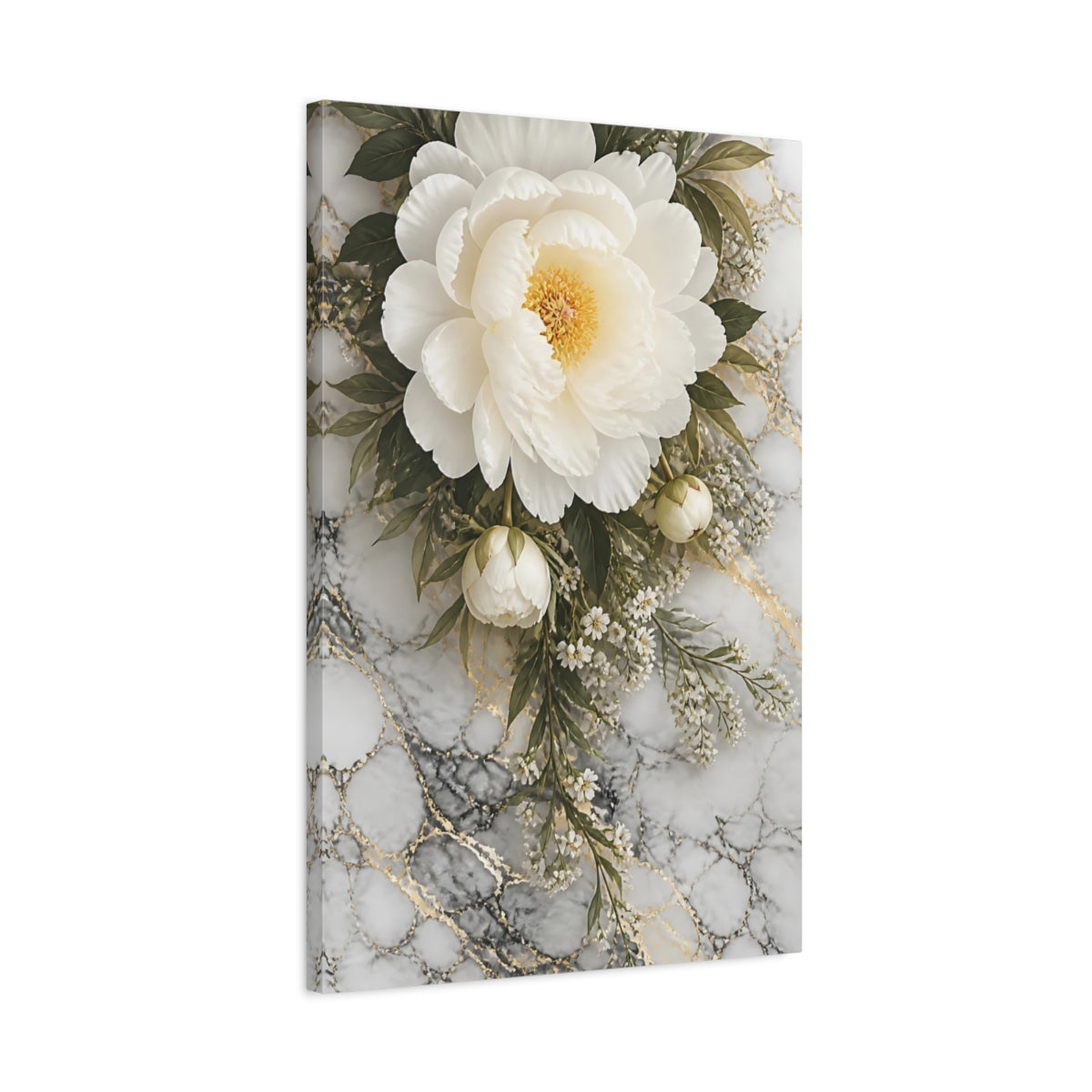 Side Mockup 2. Floral Peony White Peony Marble shown as stretched canvas wall art