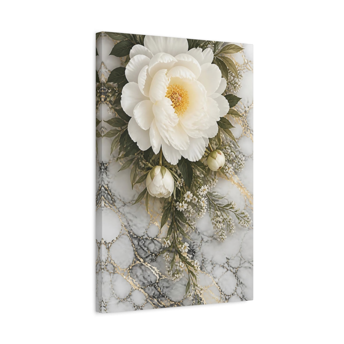 Side Mockup 3. Floral Peony White Peony Marble shown as stretched canvas wall art