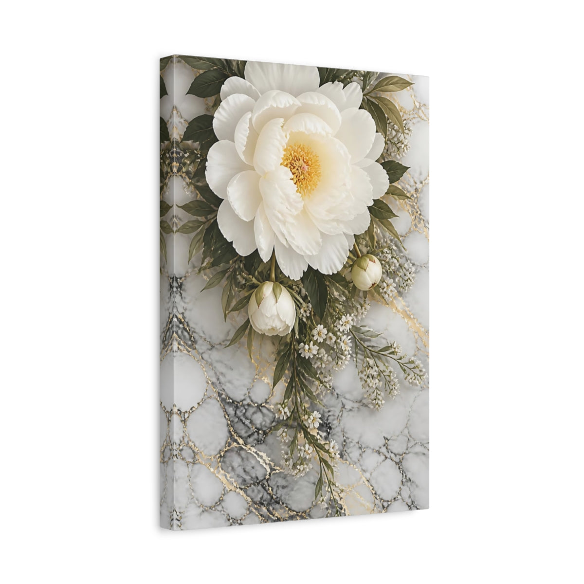 Side Mockup 4. Floral Peony White Peony Marble shown as stretched canvas wall art