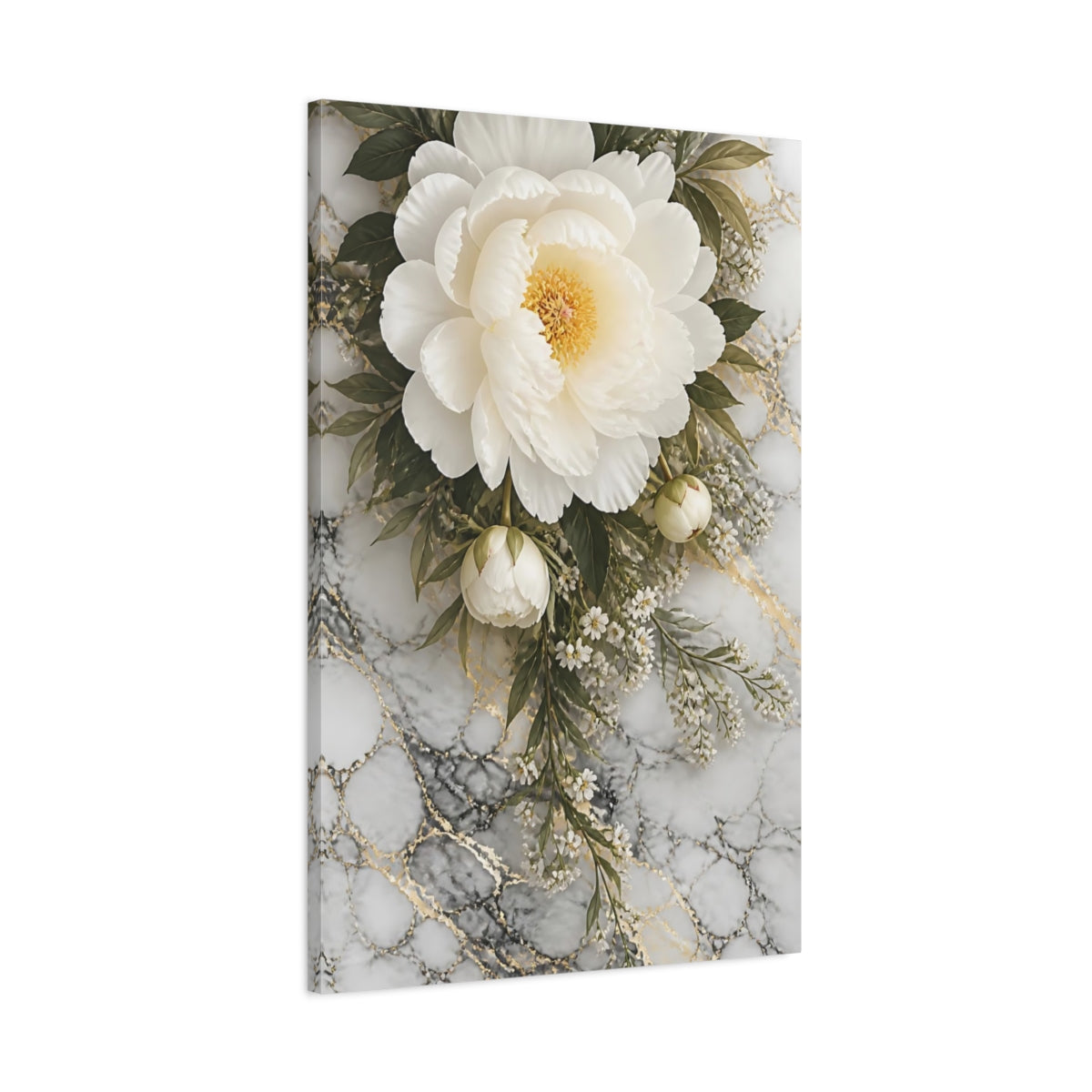 Main Mockup. Floral Peony White Peony Marble shown as stretched canvas wall art