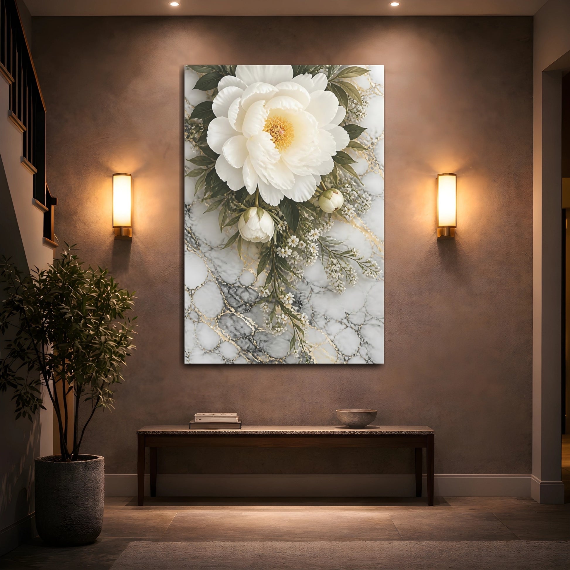 Mockup 2. Floral Peony White Peony Marble shown as stretched canvas wall art