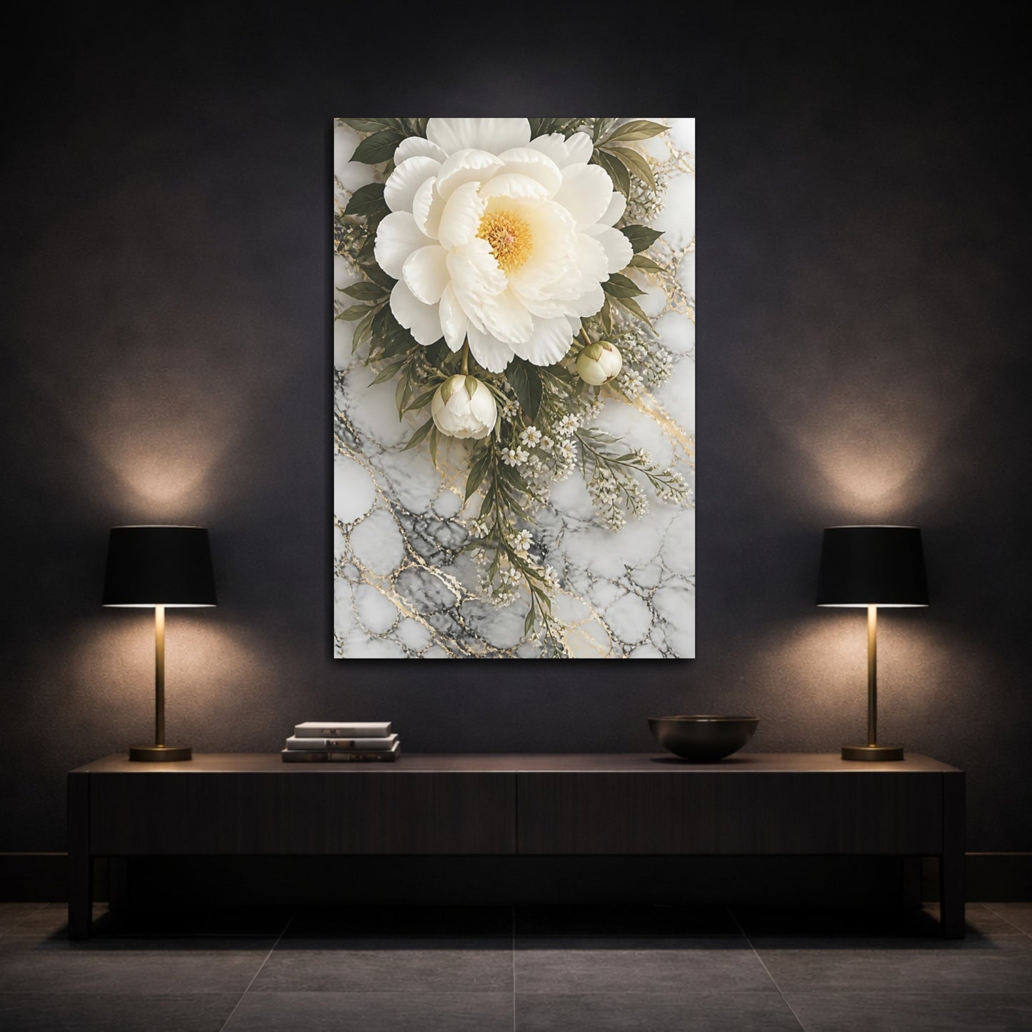 Mockup 3. Floral Peony White Peony Marble shown as stretched canvas wall art