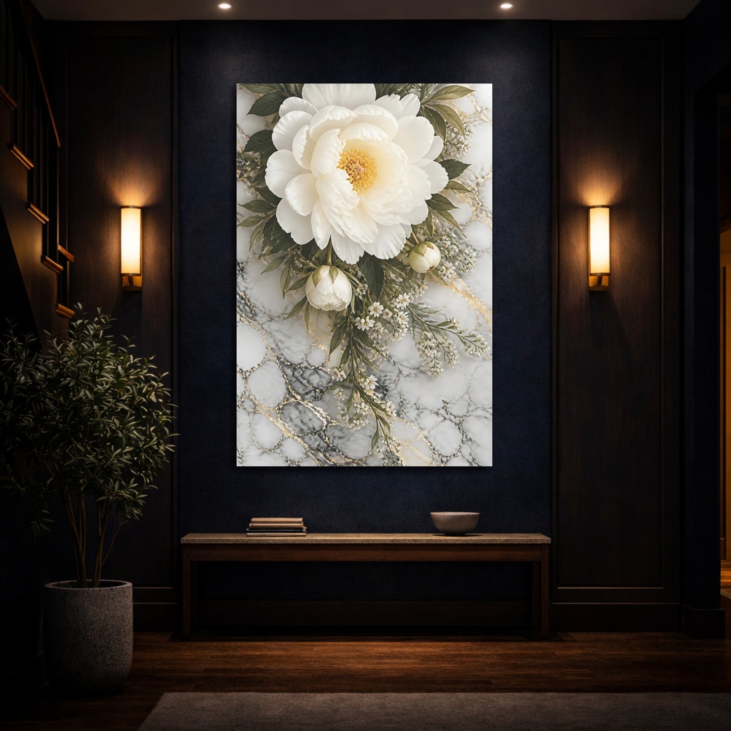 Mockup 4. Floral Peony White Peony Marble shown as stretched canvas wall art
