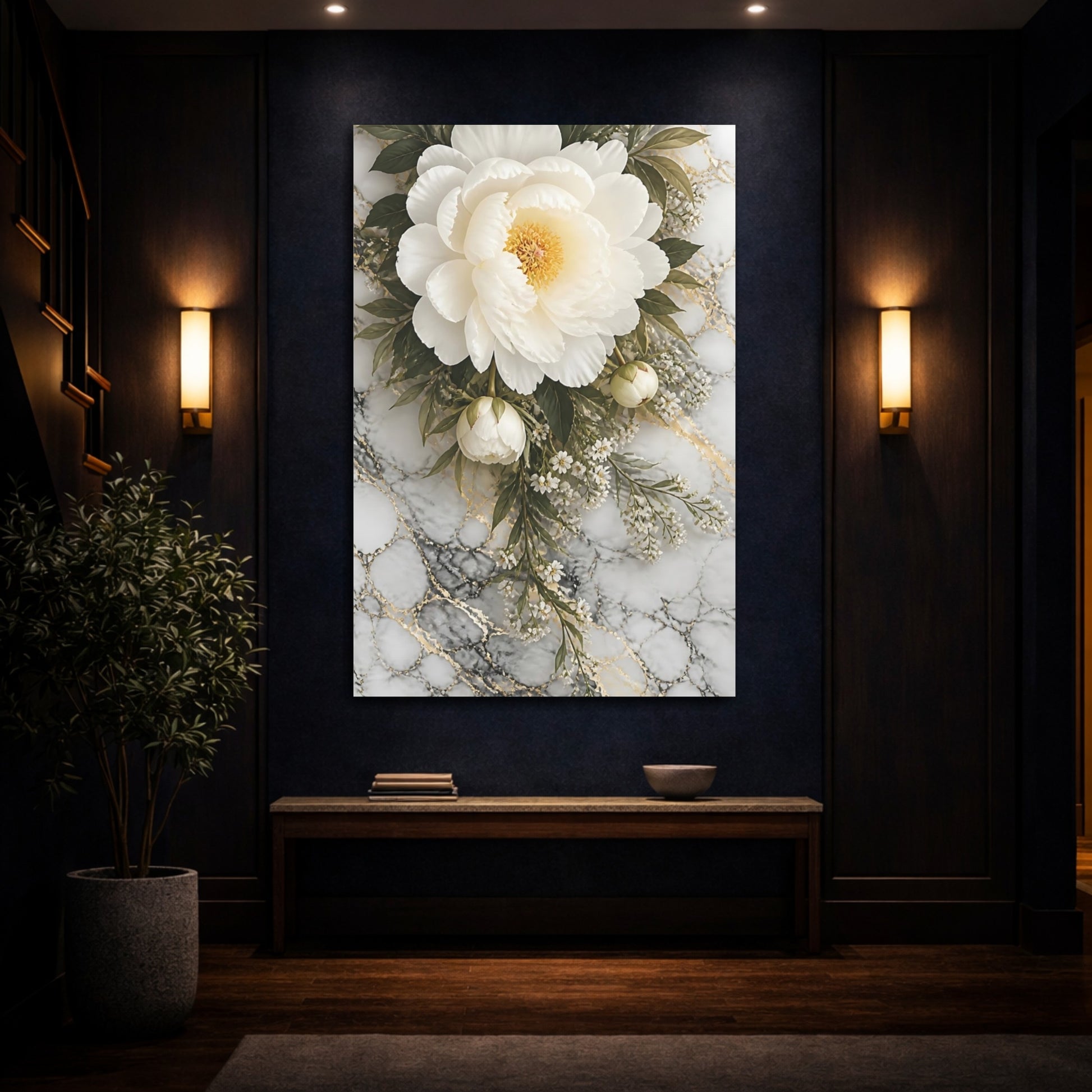 Mockup 4. Floral Peony White Peony Marble shown as stretched canvas wall art