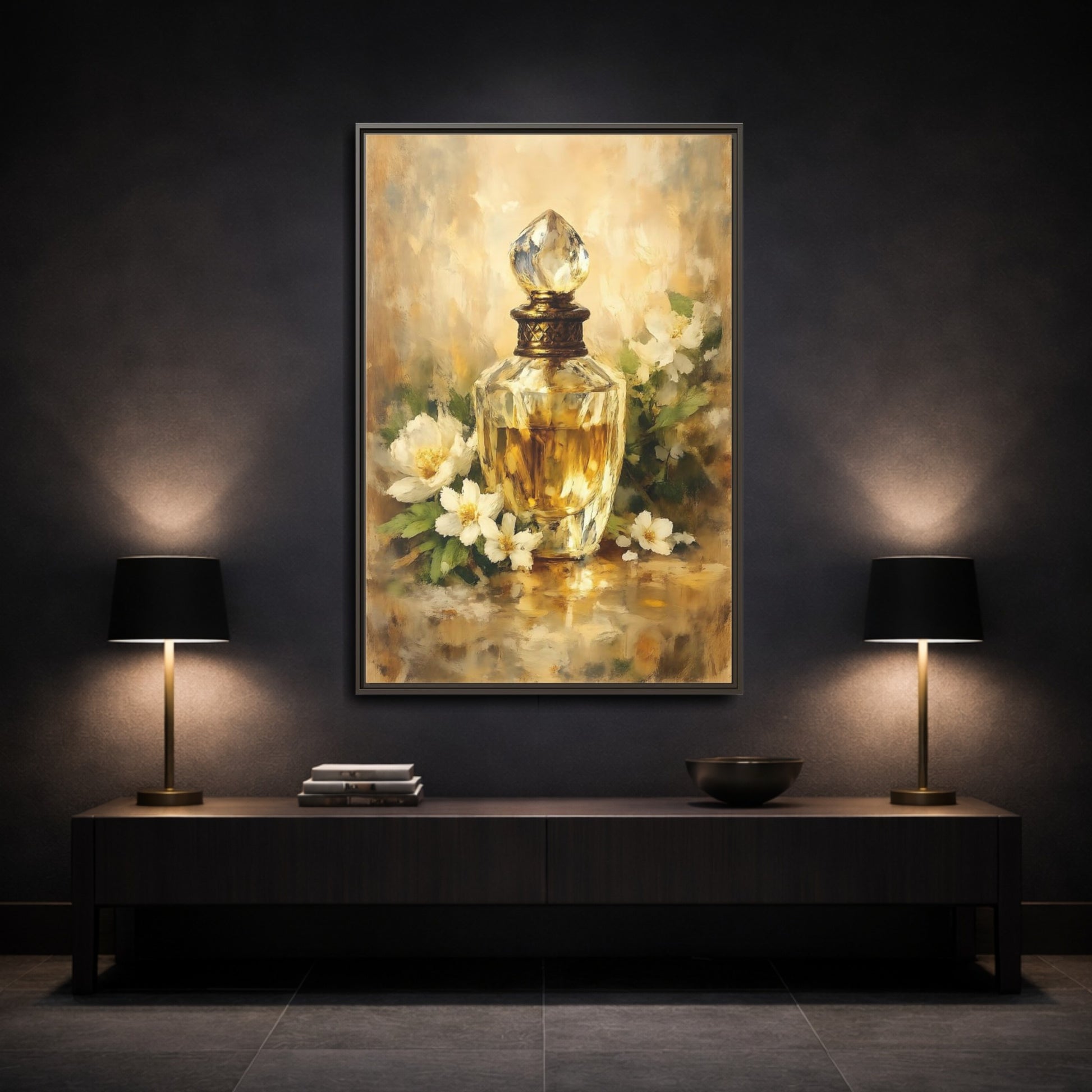 Mockup 2. Floral Perfume Bottle Gold Floral shown as stretched canvas wall art
