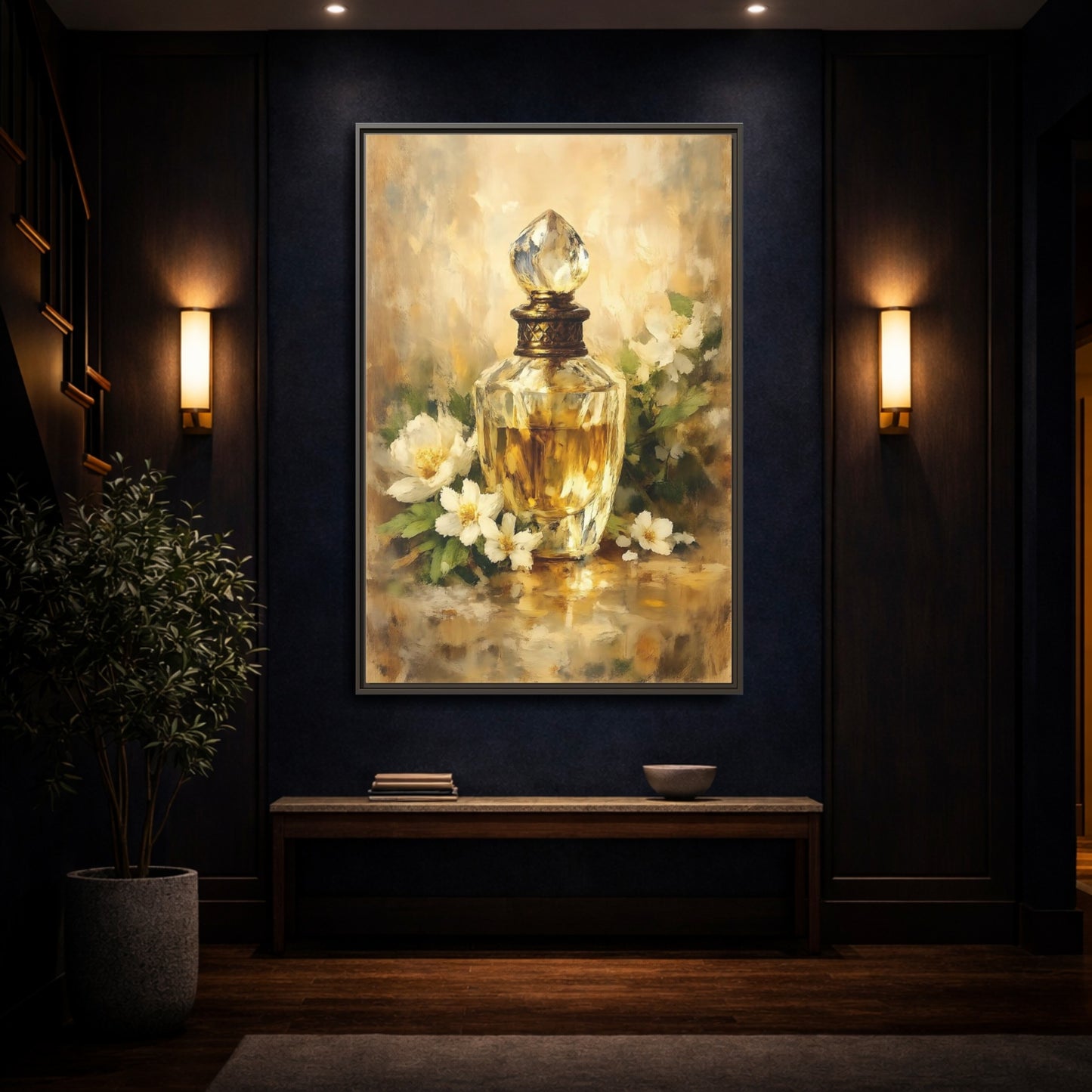 Mockup 3. Floral Perfume Bottle Gold Floral shown as stretched canvas wall art