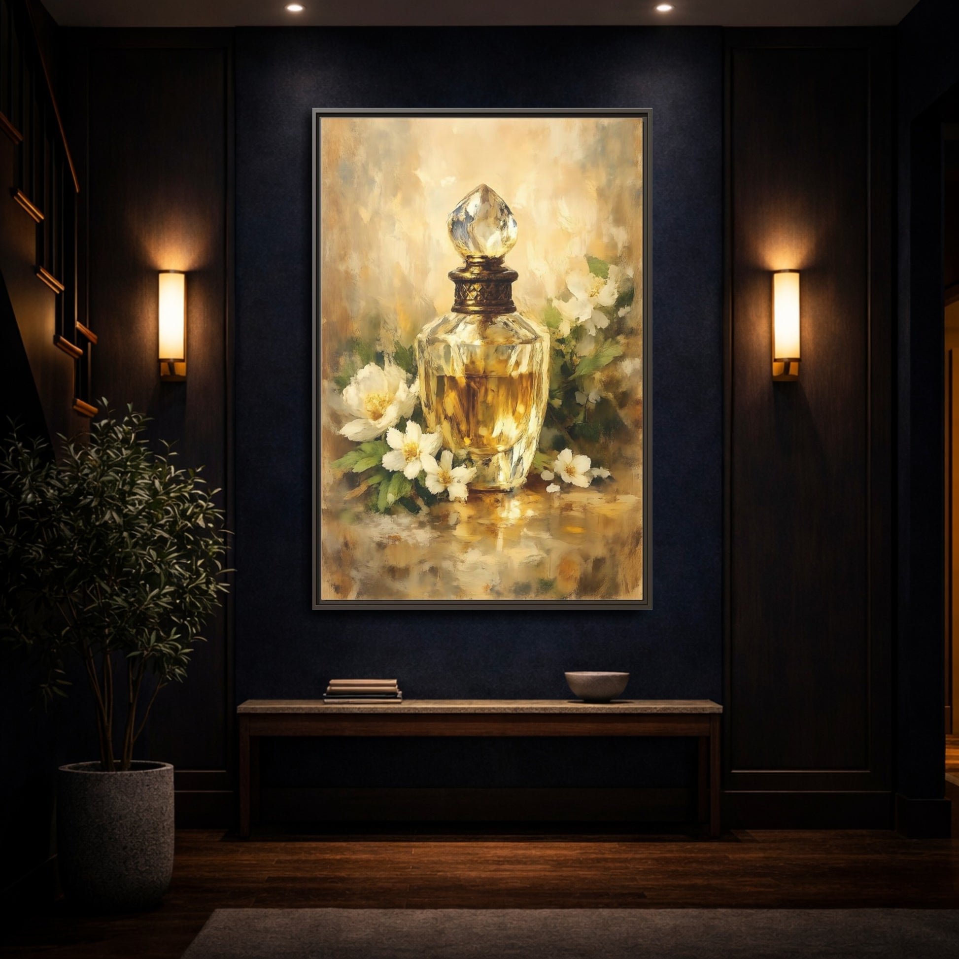 Mockup 3. Floral Perfume Bottle Gold Floral shown as stretched canvas wall art
