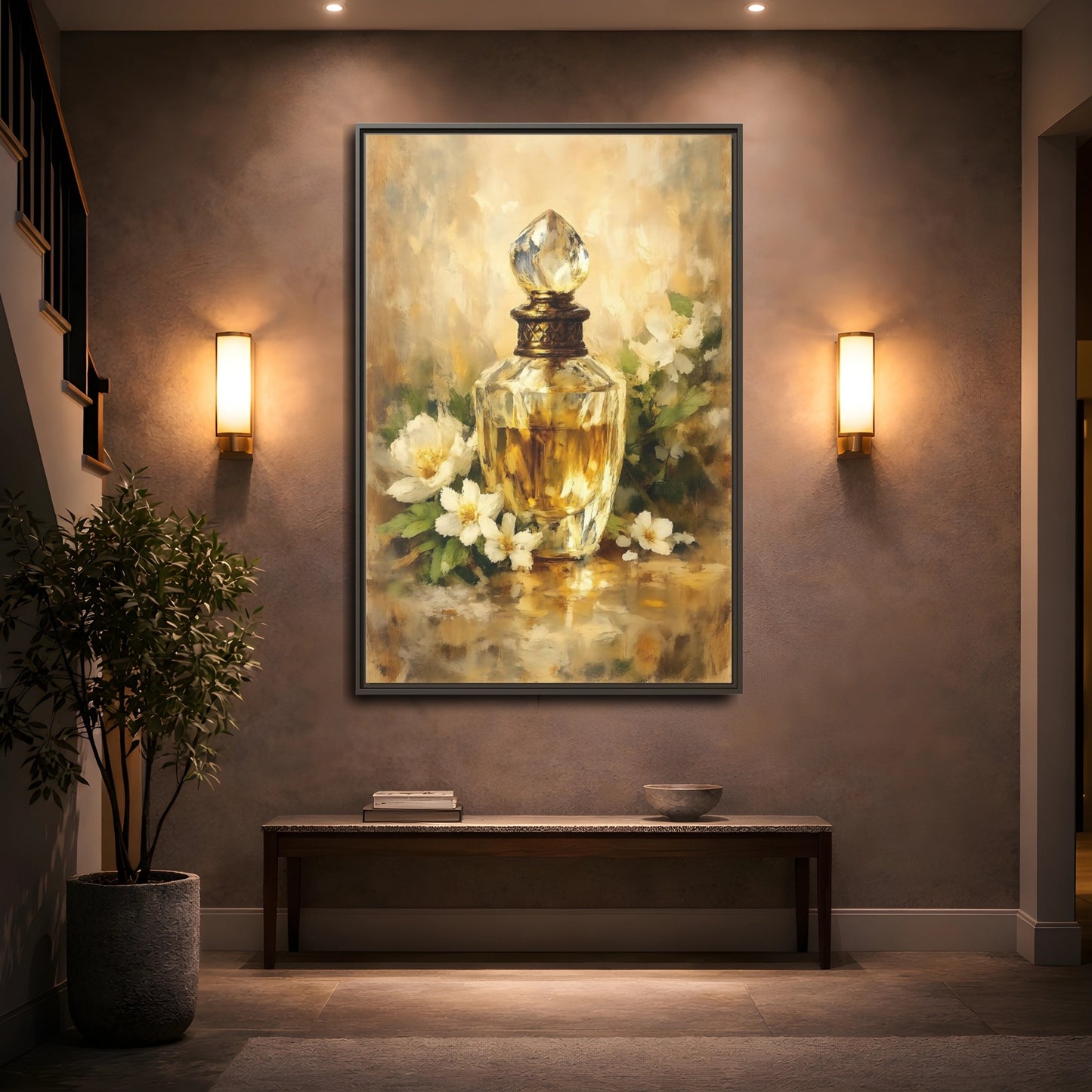 Mockup 4. Floral Perfume Bottle Gold Floral shown as stretched canvas wall art