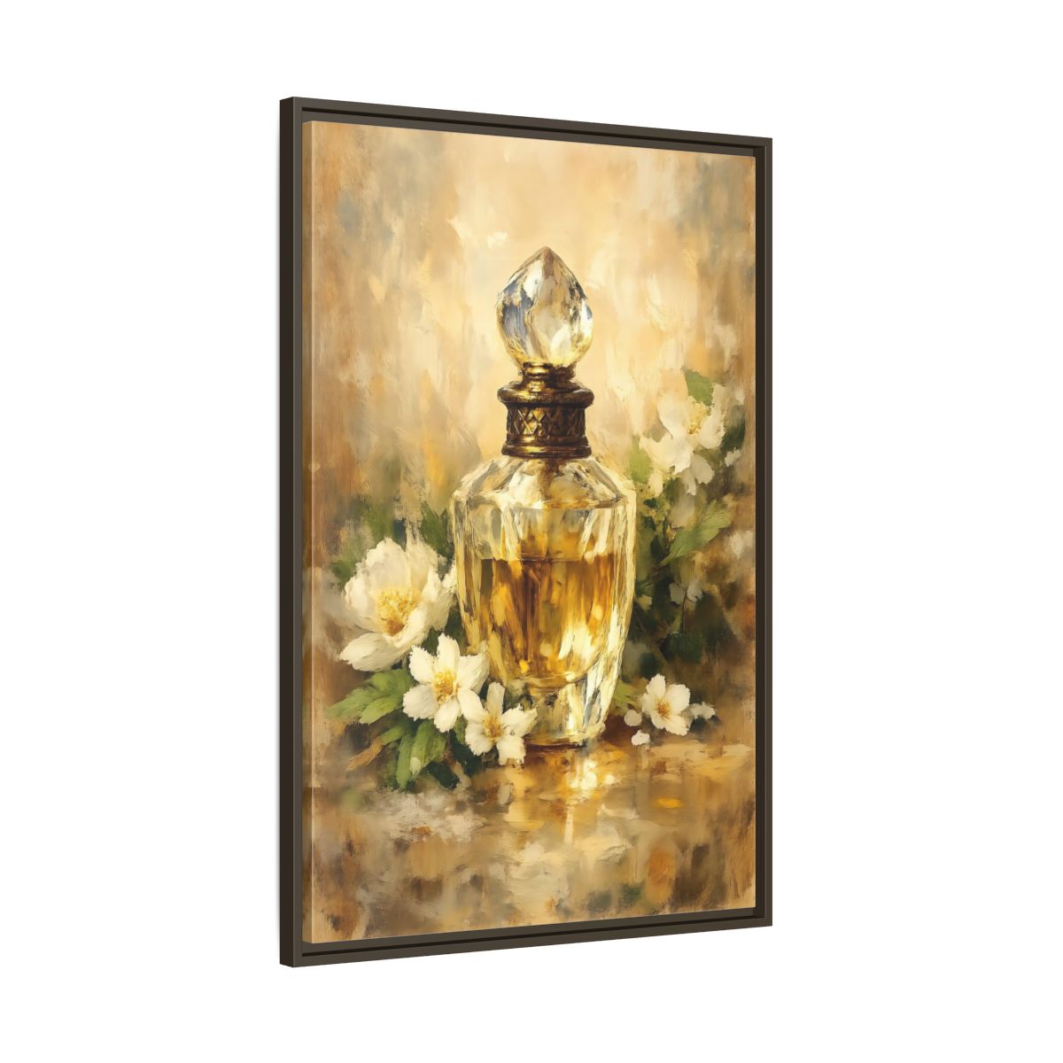 Side Mockup 10. Floral Perfume Bottle Gold Floral shown as stretched canvas wall art